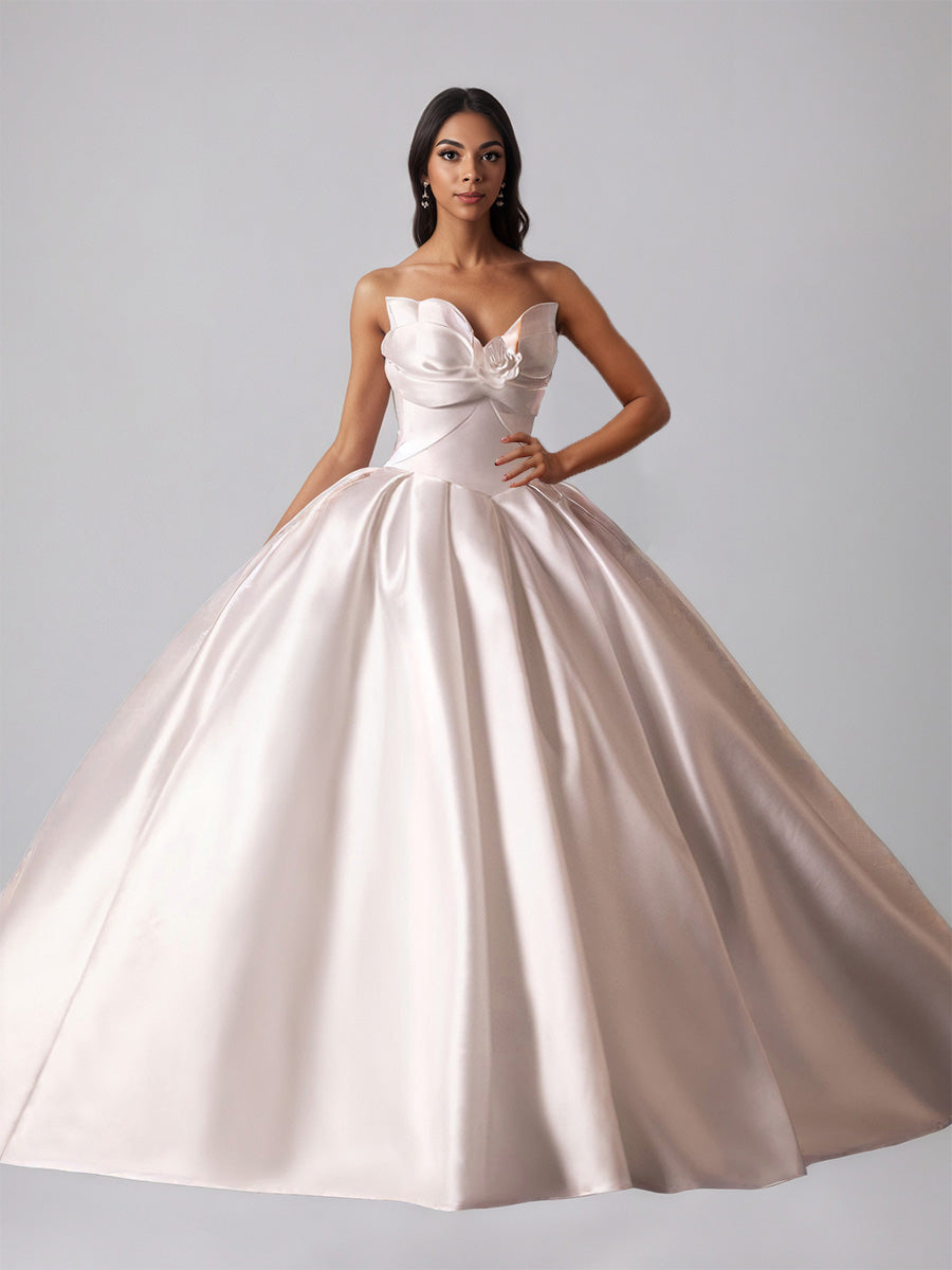 Cicinia Robe de Mariée en Satin sans Bretelles ruchée avec Fleurs 3D Magnifique