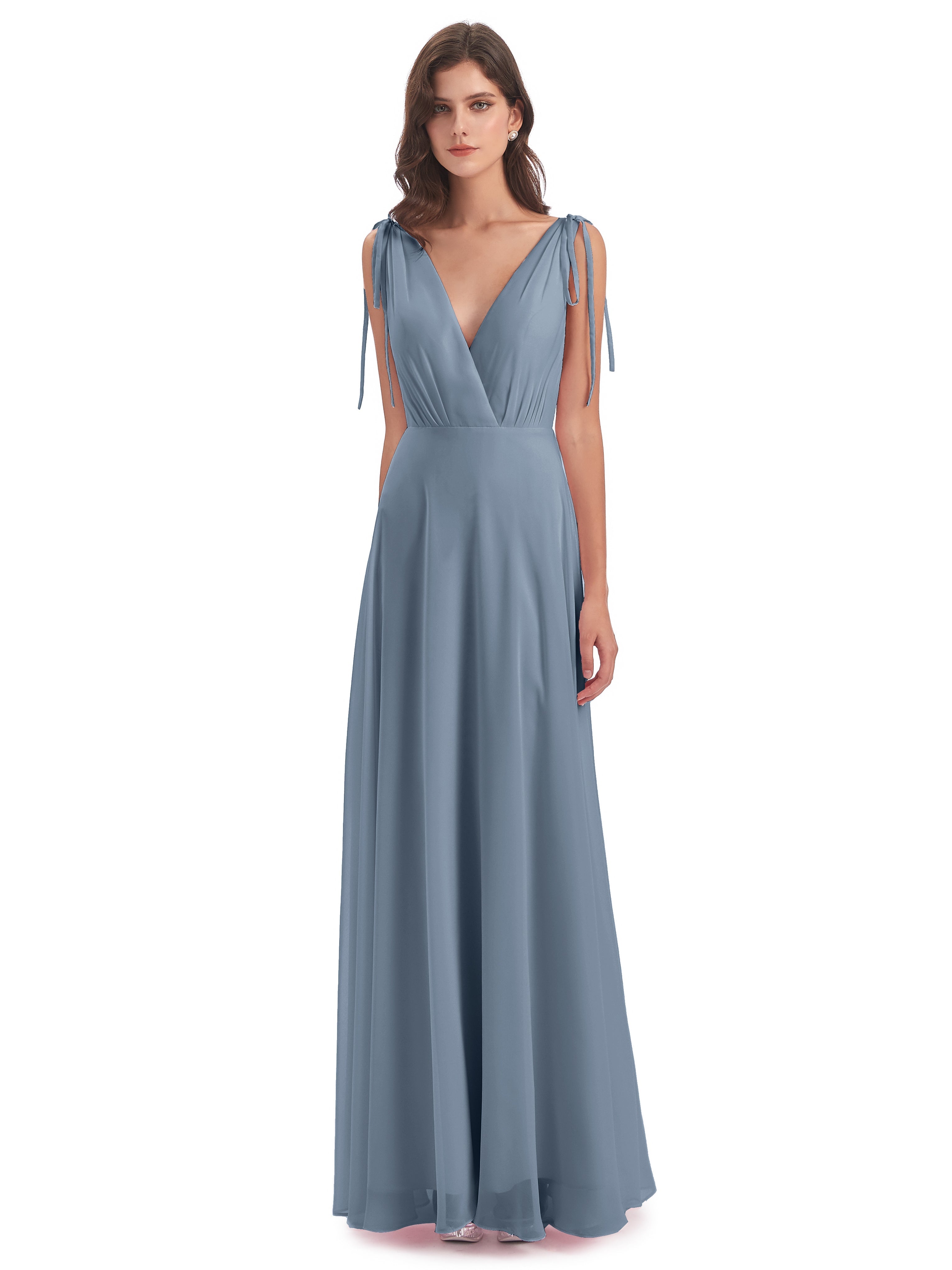 Robe Demoiselle D Honneur Bleu Poussiereux Dos Nu Col V Robes Demoiselle D'Honneur