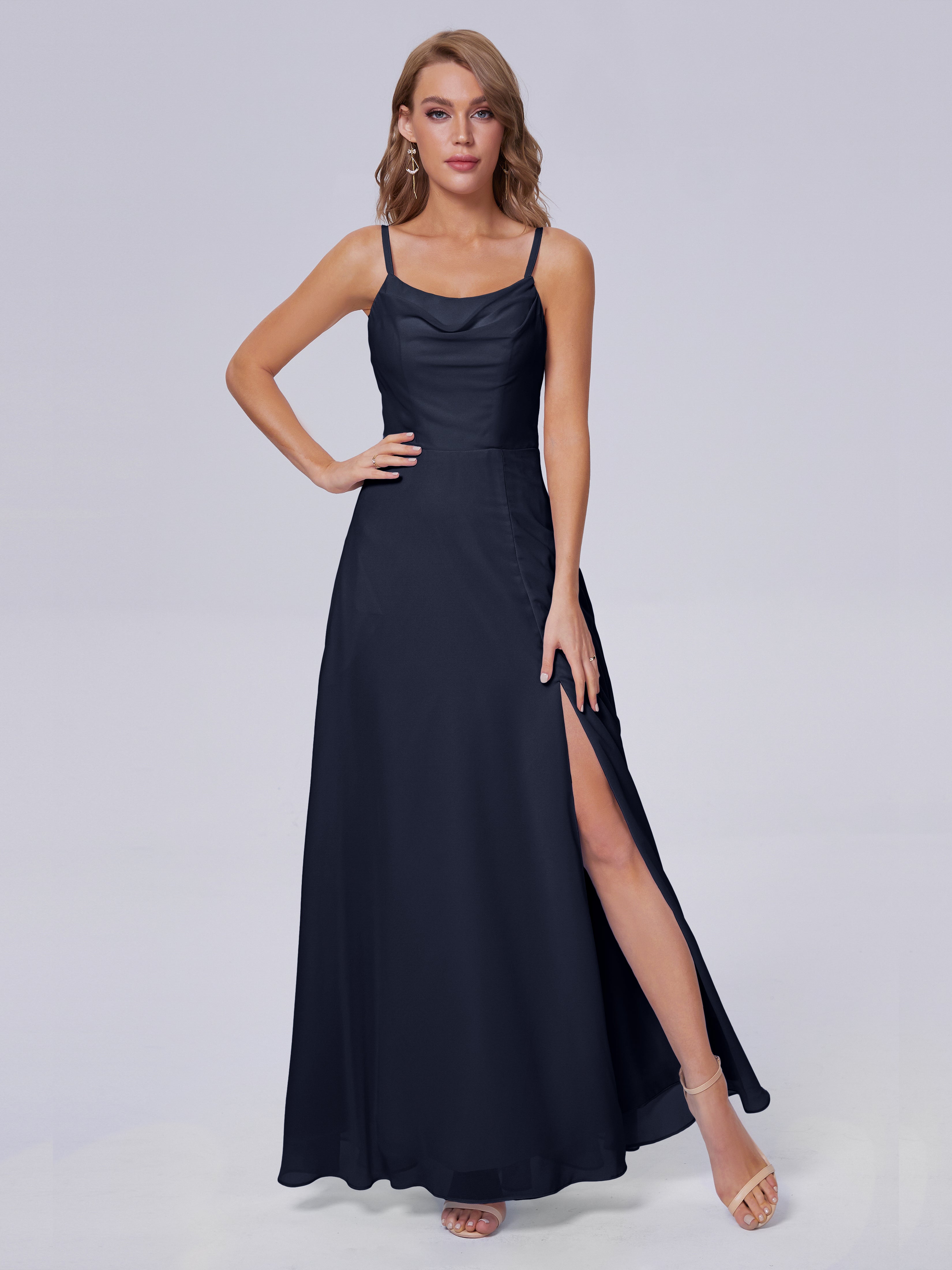 Robes De Demoiselle D'Honneur Bleu Marine Reese Mignonne Bretelles Spaghetti Mousseline Robes Demoiselle D'Honneur