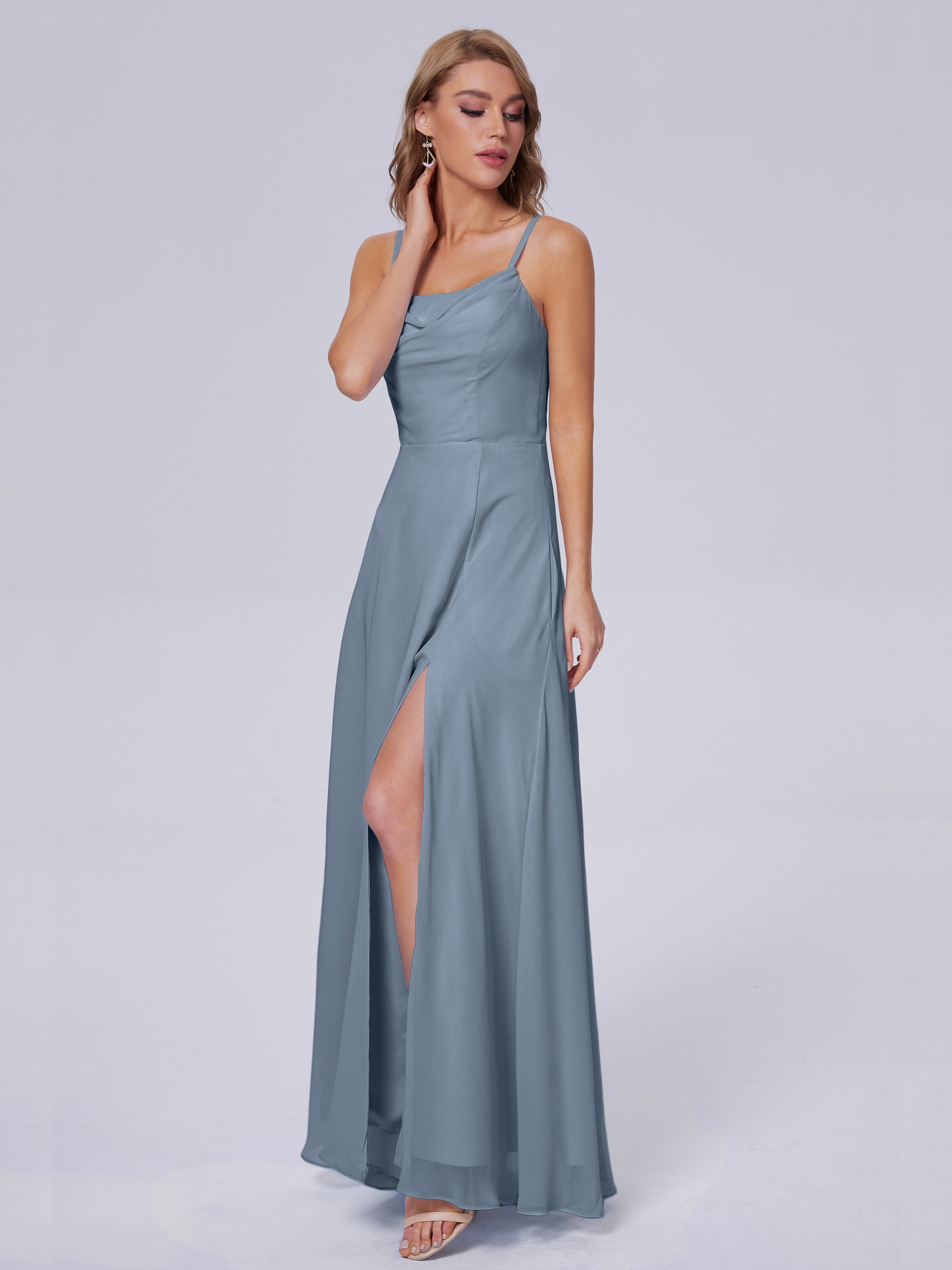 Robe Demoiselle D Honneur Bleu Poussiereux Reese Mignonne Bretelles Spaghetti Mousseline Robes Demoiselle D'Honneur