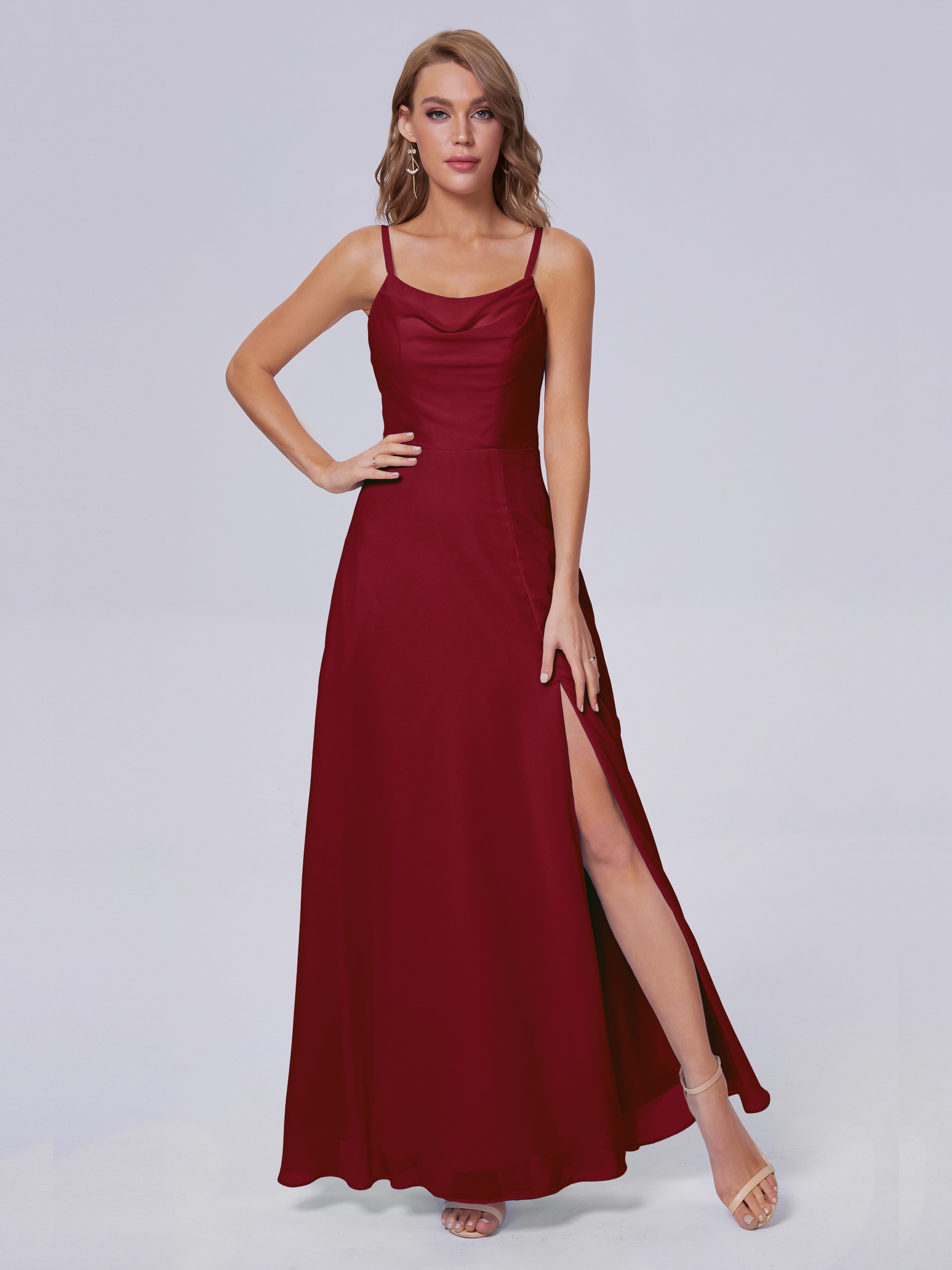 Robes De Demoiselle D'Honneur Bordeaux Longues Reese Mignonne Bretelles Spaghetti Mousseline Robes Demoiselle D'Honneur