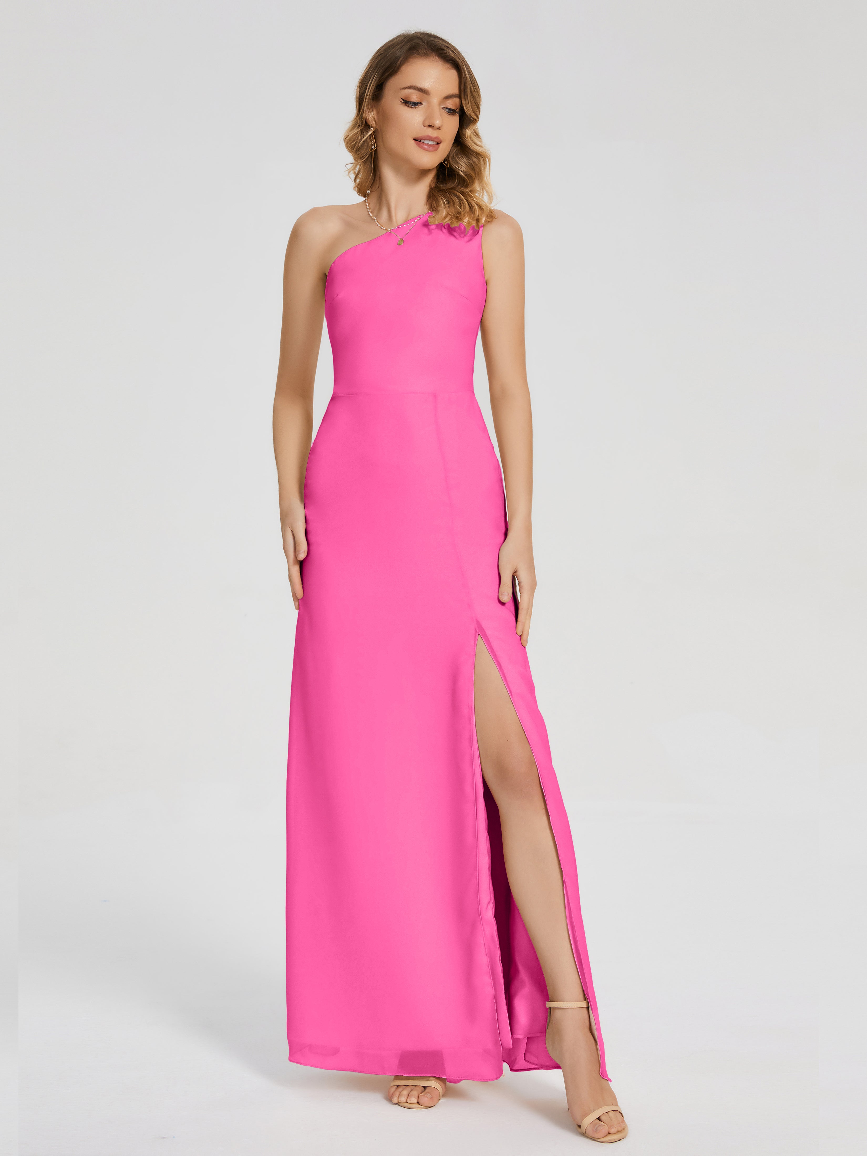 Robe Demoiselle D Honneur En Azalée Simple Seule-Épaule Fendue Mousseline Robes Demoiselle D'Honneur