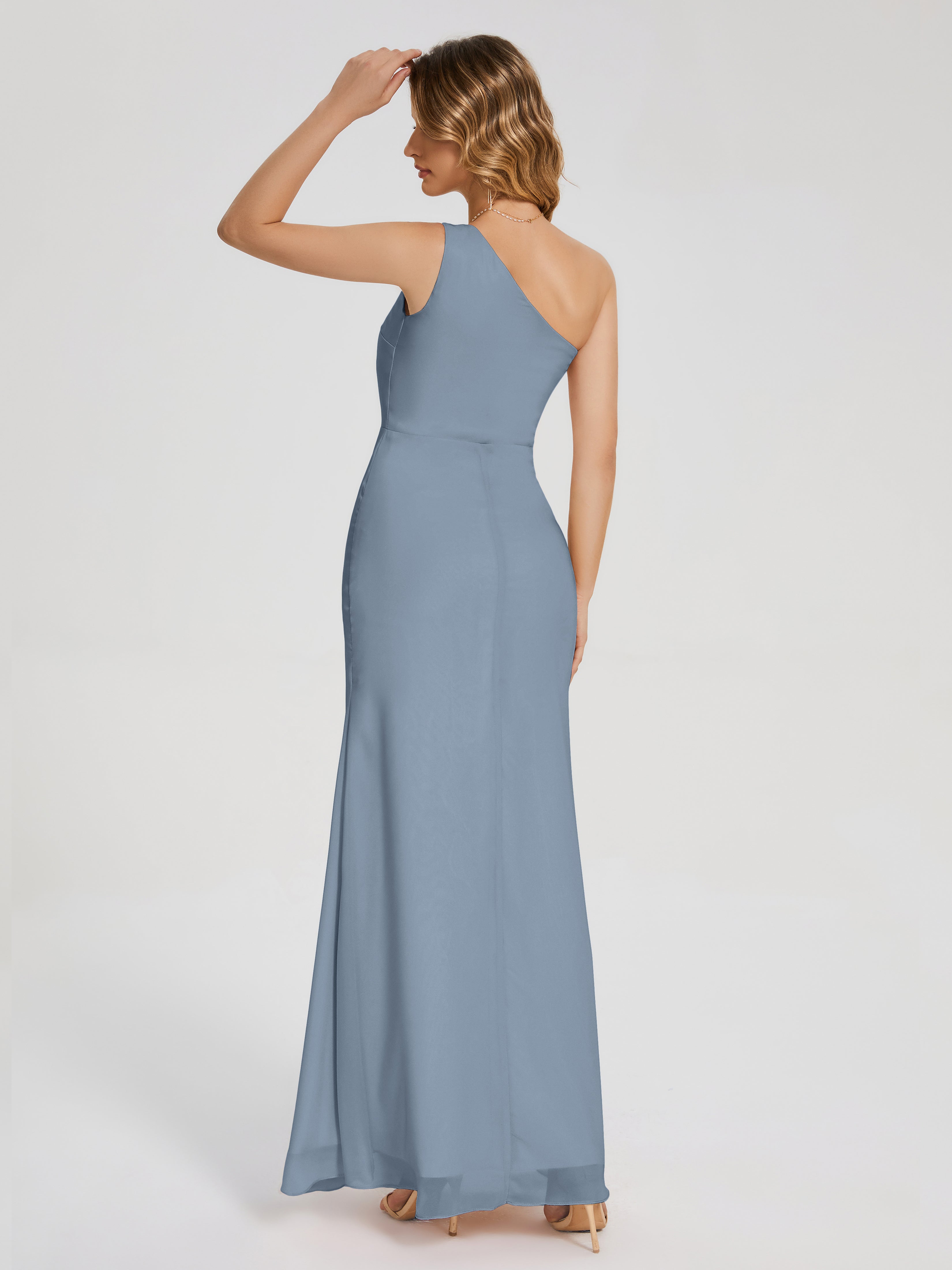 Robes De Demoiselle D'Honneur Bleu Poudre Simple Seule-Épaule Fendue Mousseline Robes Demoiselle D'Honneur