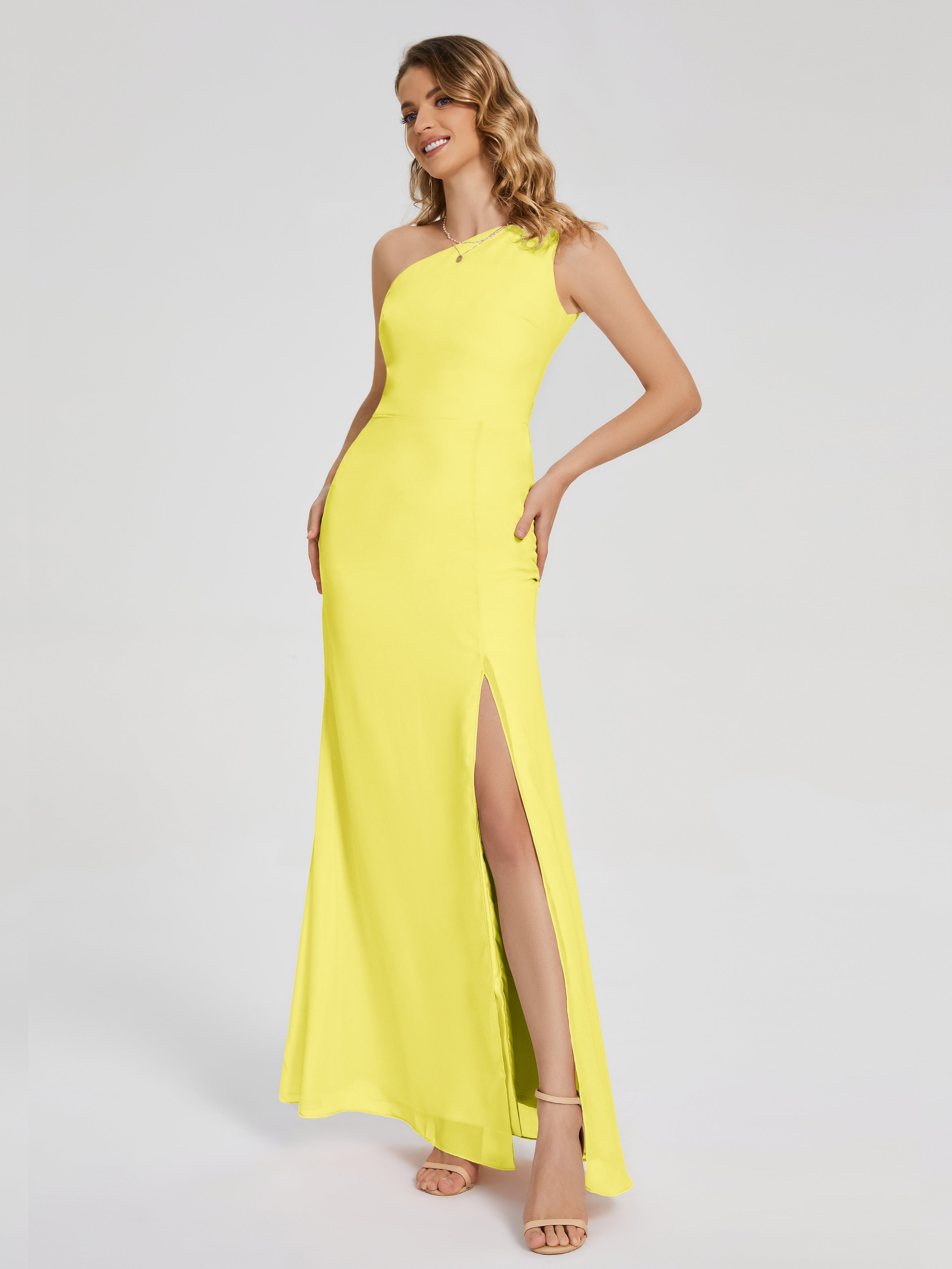 Robes De Demoiselle D'Honneur Citron Simple Seule-Épaule Fendue Mousseline Robes Demoiselle D'Honneur