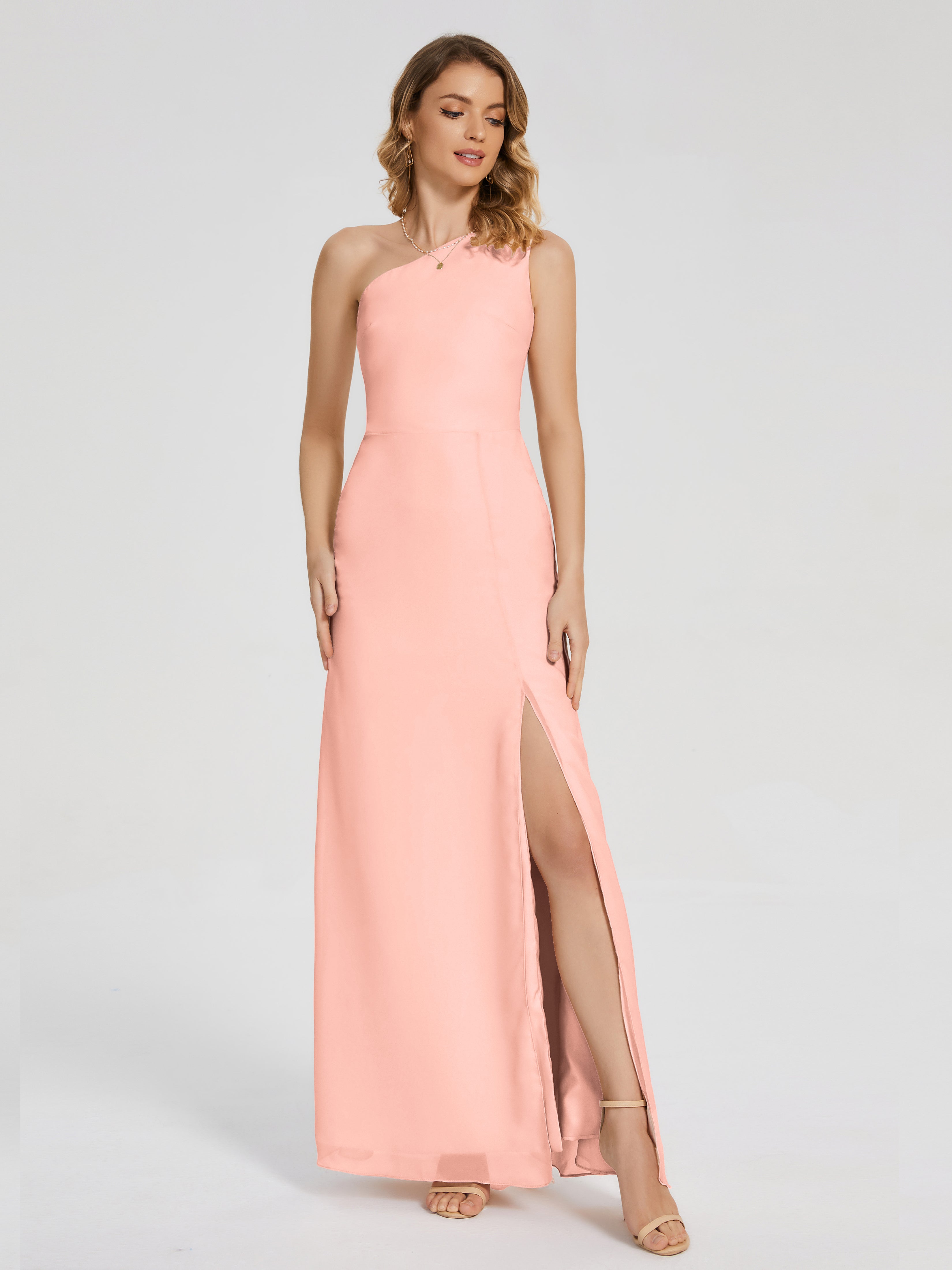 Corail Robe Demoiselle D Honneur Simple Seule-Épaule Fendue Mousseline Robes Demoiselle D'Honneur