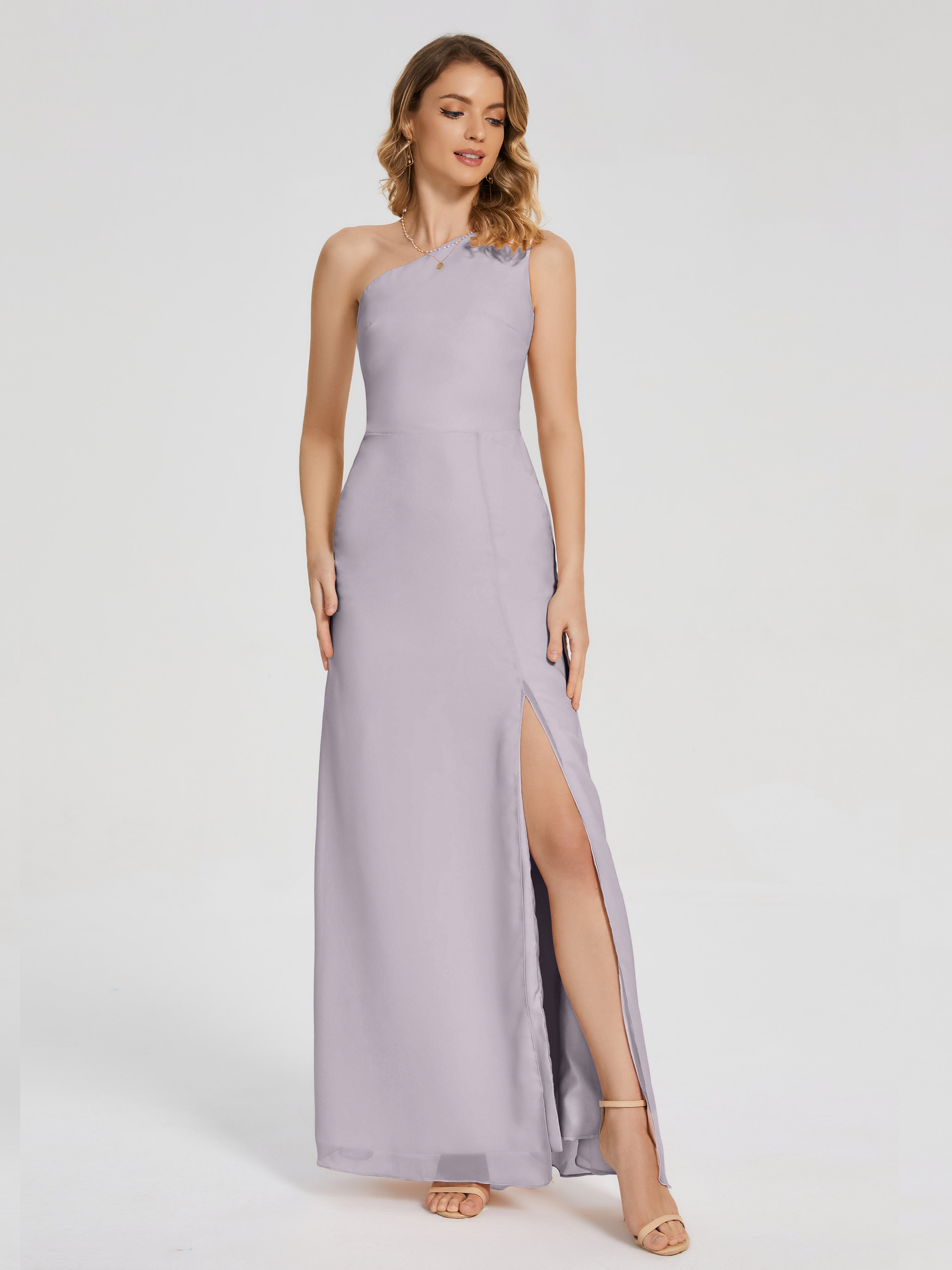 Robes De Demoiselle D'Honneur Couleur Crépuscule Simple Seule-Épaule Fendue Mousseline Robes Demoiselle D'Honneur