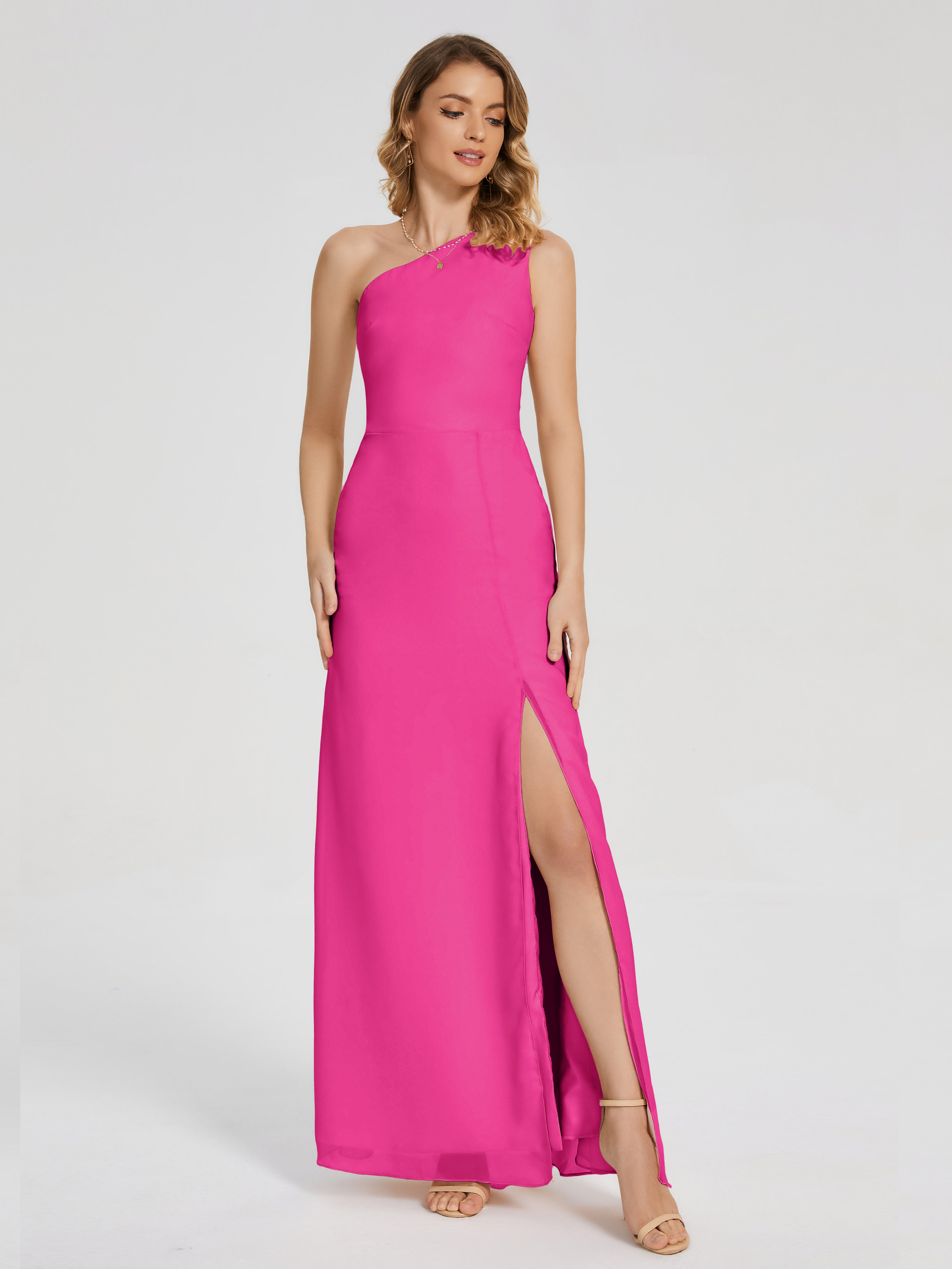 Robe De Demoiselle D Honneur Fuchsia Simple Seule-Épaule Fendue Mousseline Robes Demoiselle D'Honneur