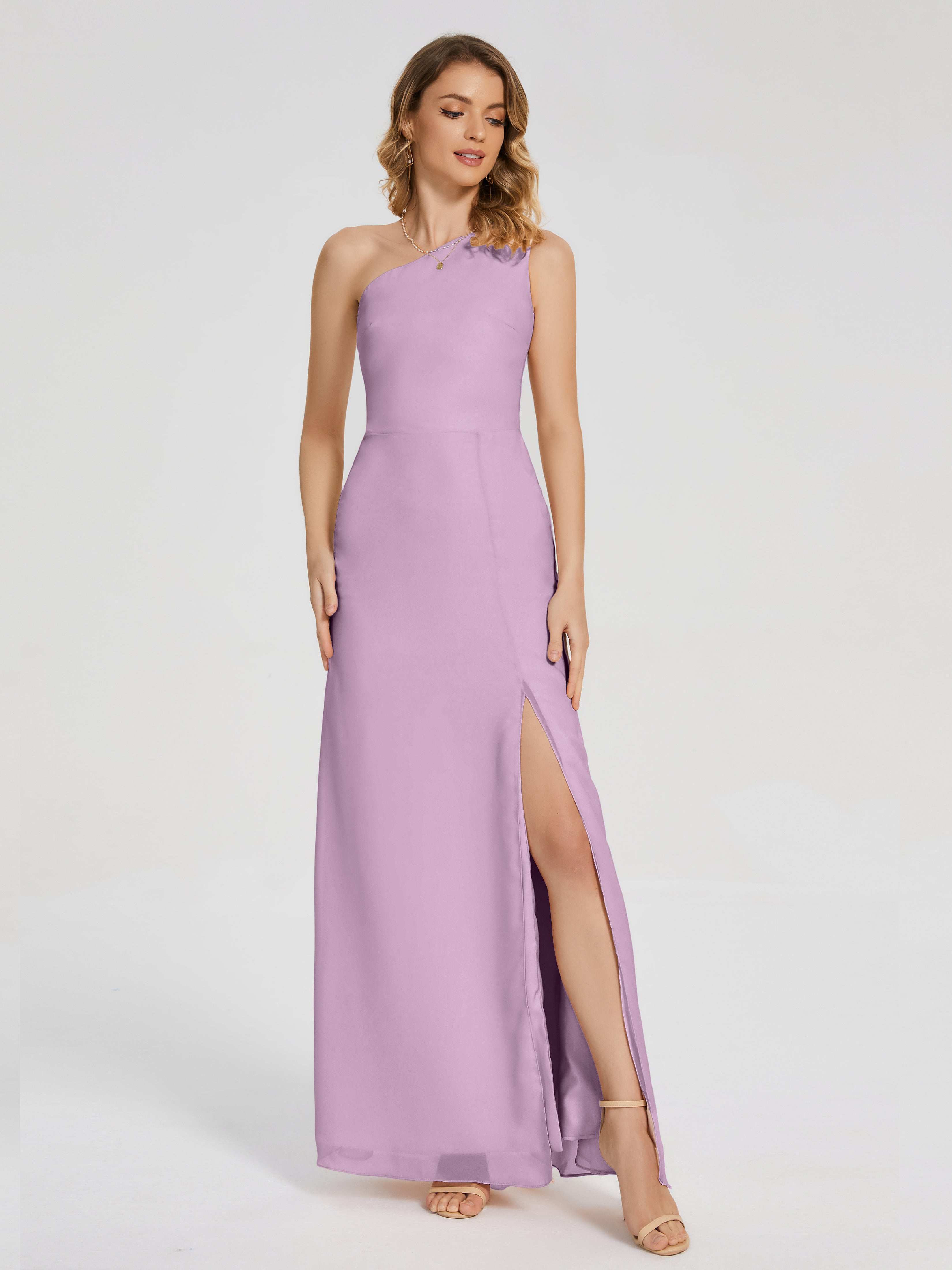 Robes De Demoiselle D'Honneur Glycine Simple Seule-Épaule Fendue Mousseline Robes Demoiselle D'Honneur