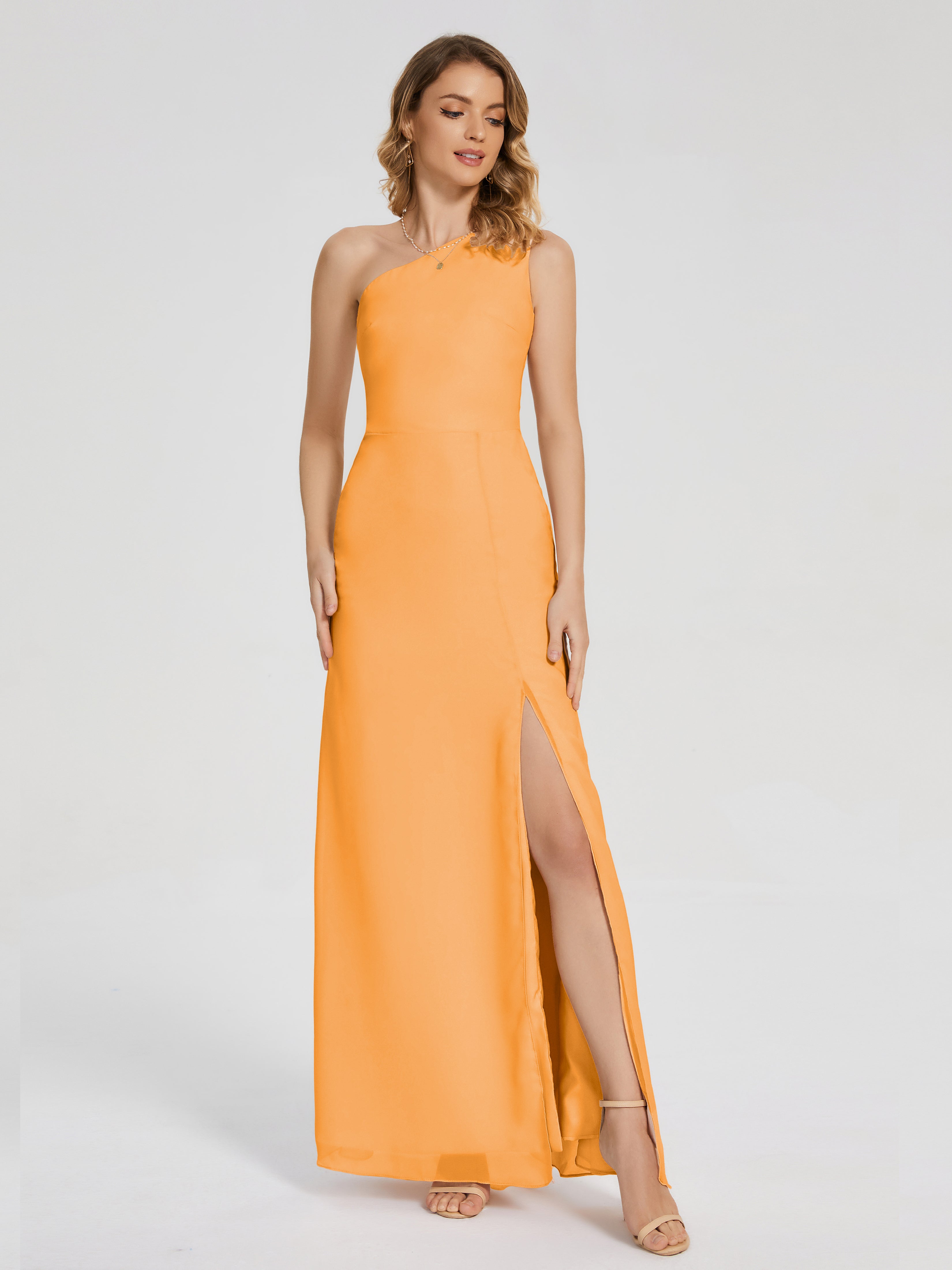 Robes De Demoiselle D'Honneur Mandarine Simple Seule-Épaule Fendue Mousseline Robes Demoiselle D'Honneur