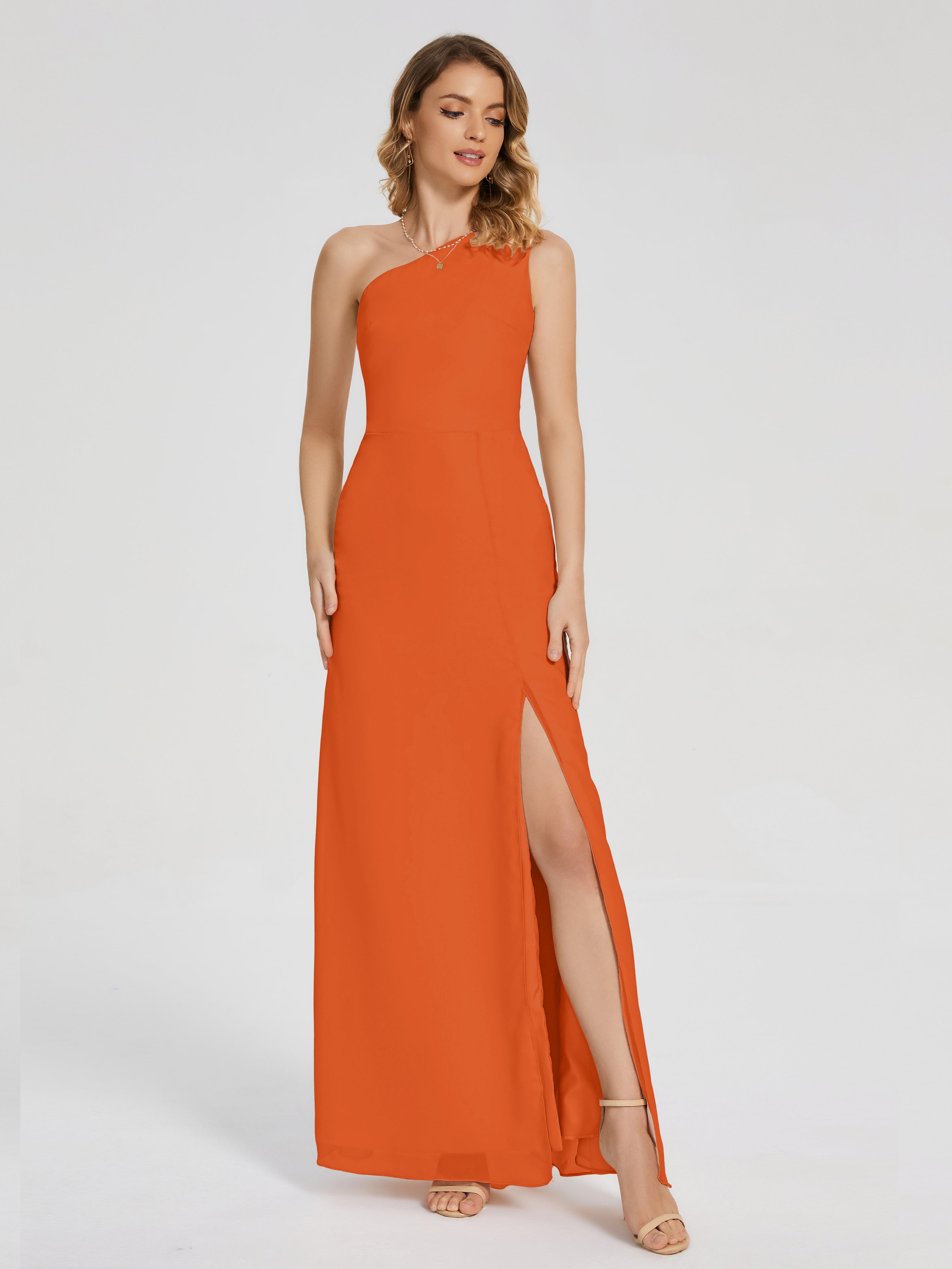 Robes De Demoiselle D'Honneur Orange Brûlé Simple Seule-Épaule Fendue Mousseline Robes Demoiselle D'Honneur