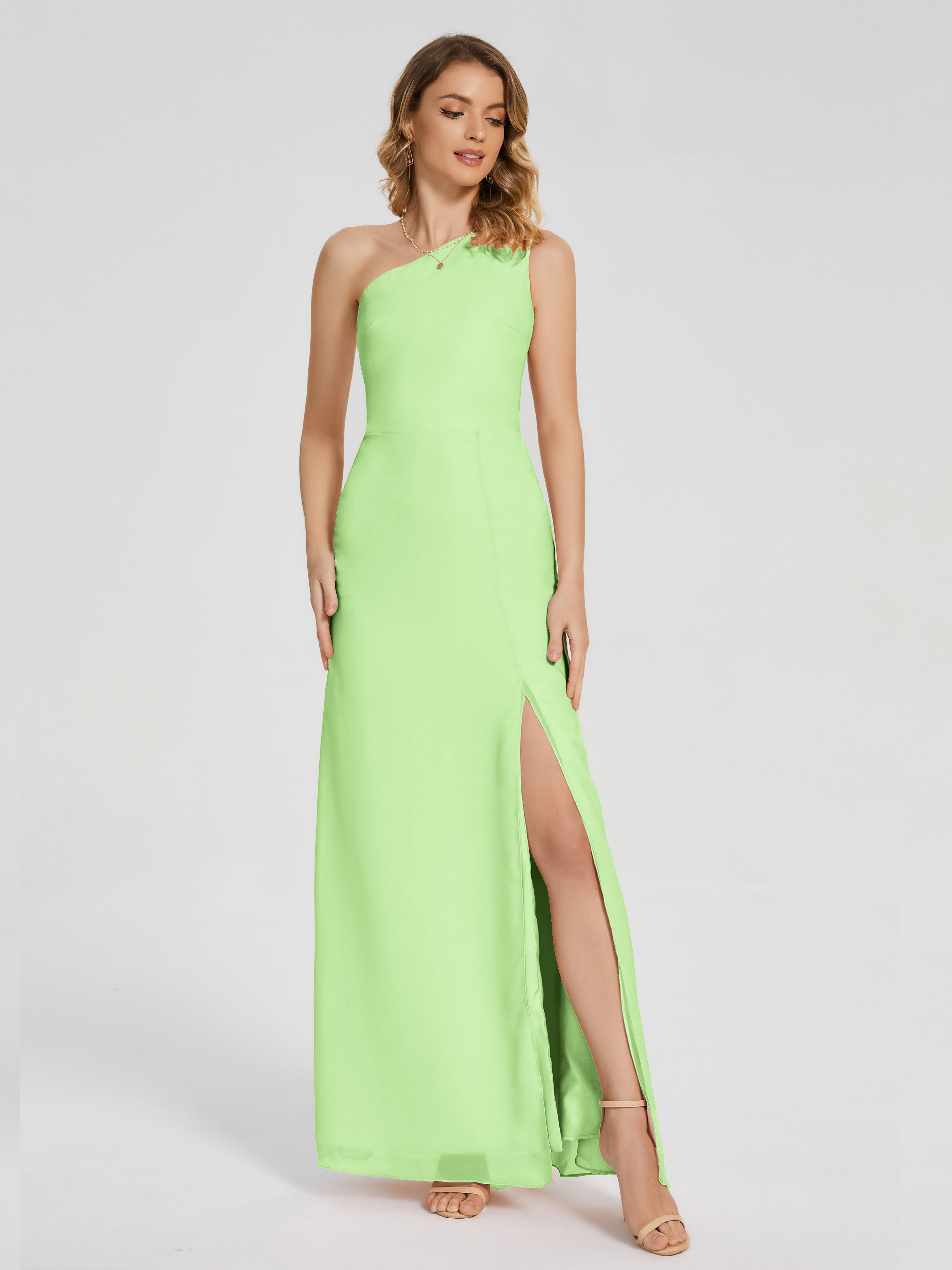 Robe De Demoiselle D Honneur Vert Sauge Simple Seule-Épaule Fendue Mousseline Robes Demoiselle D'Honneur