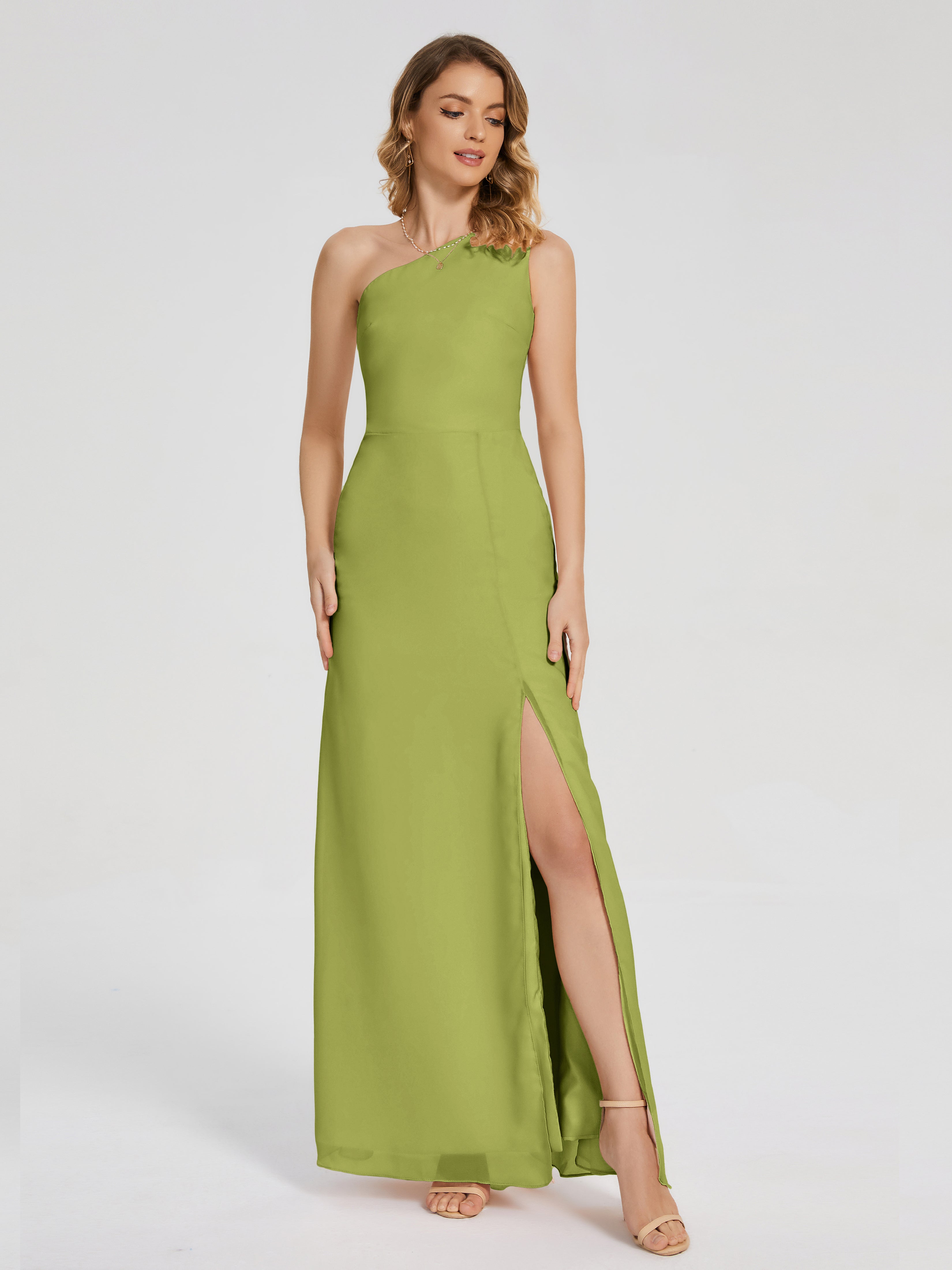 Robes De Demoiselle D'Honneur Trèfle Simple Seule-Épaule Fendue Mousseline Robes Demoiselle D'Honneur