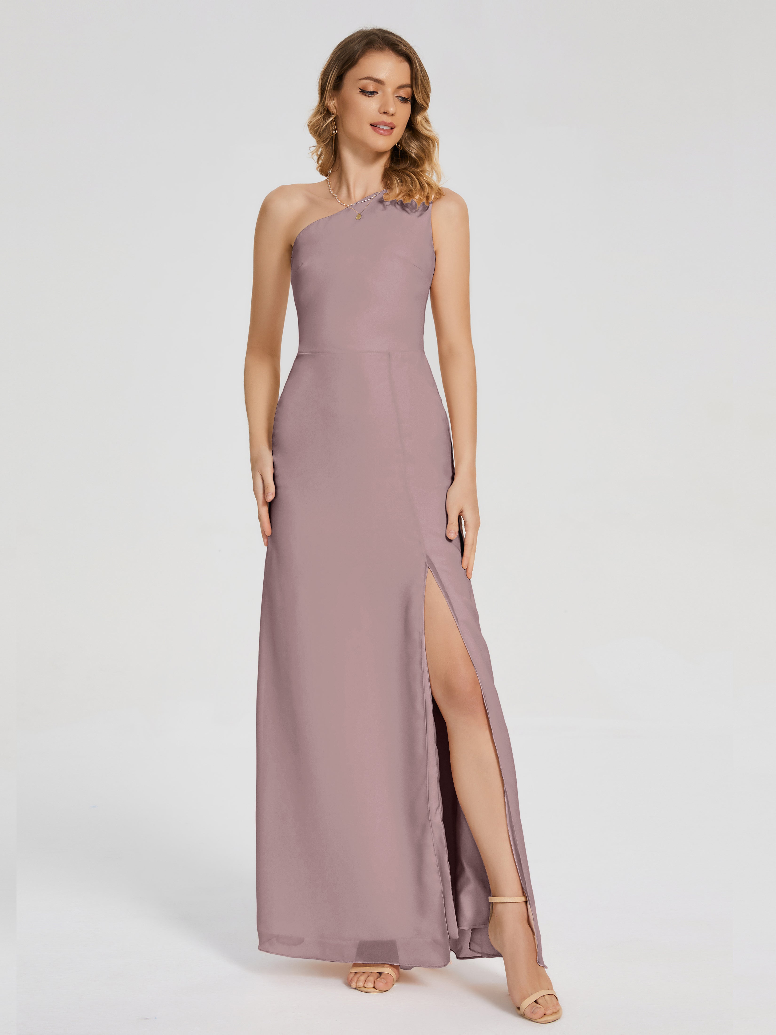 Robes De Demoiselle D'Honneur Mauve Foncé Simple Seule-Épaule Fendue Mousseline Robes Demoiselle D'Honneur