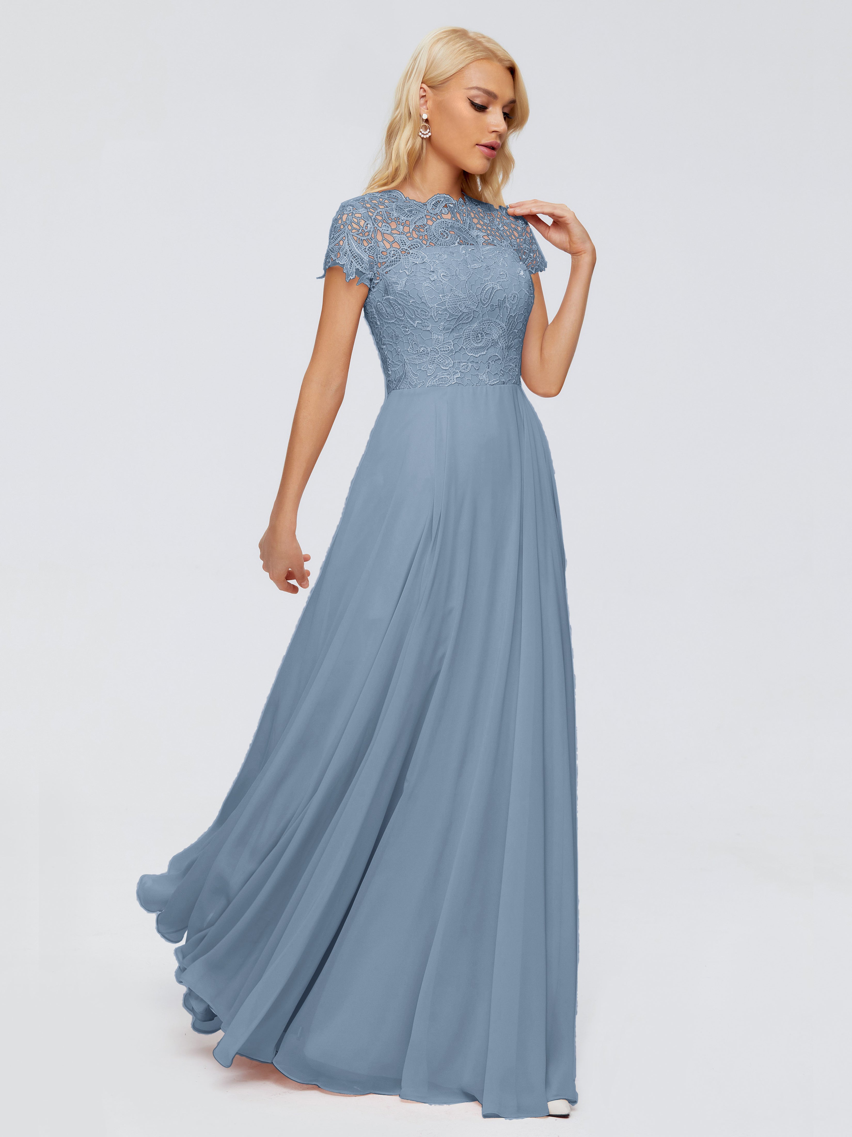 Robes De Demoiselle D'Honneur Bleu De Schiste A-ligne Encolure Dégagée Mousseline Robes Demoiselle D'Honneur