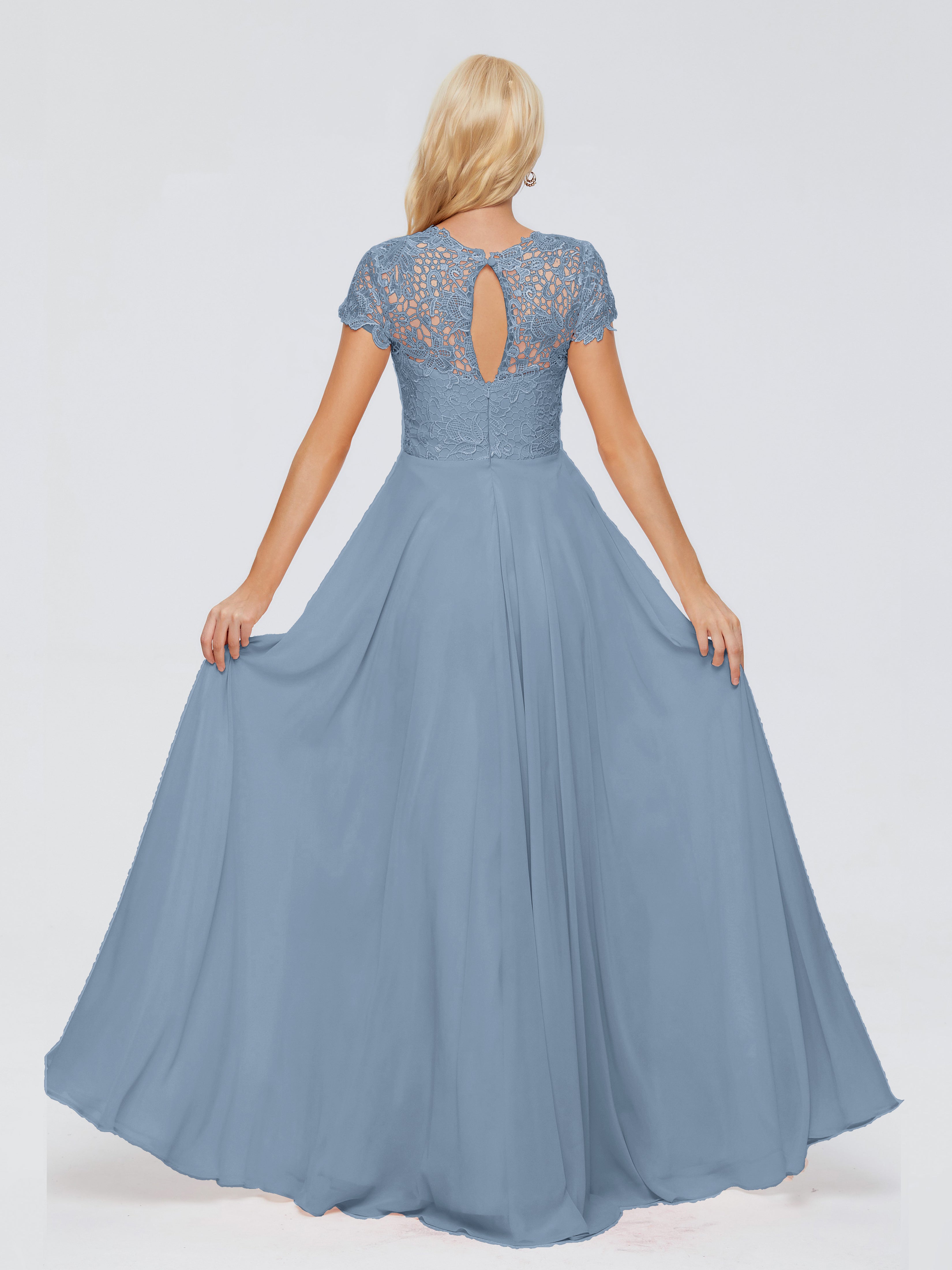 Robes De Demoiselle D'Honneur Bleu De Schiste A-ligne Encolure Dégagée Mousseline Robes Demoiselle D'Honneur