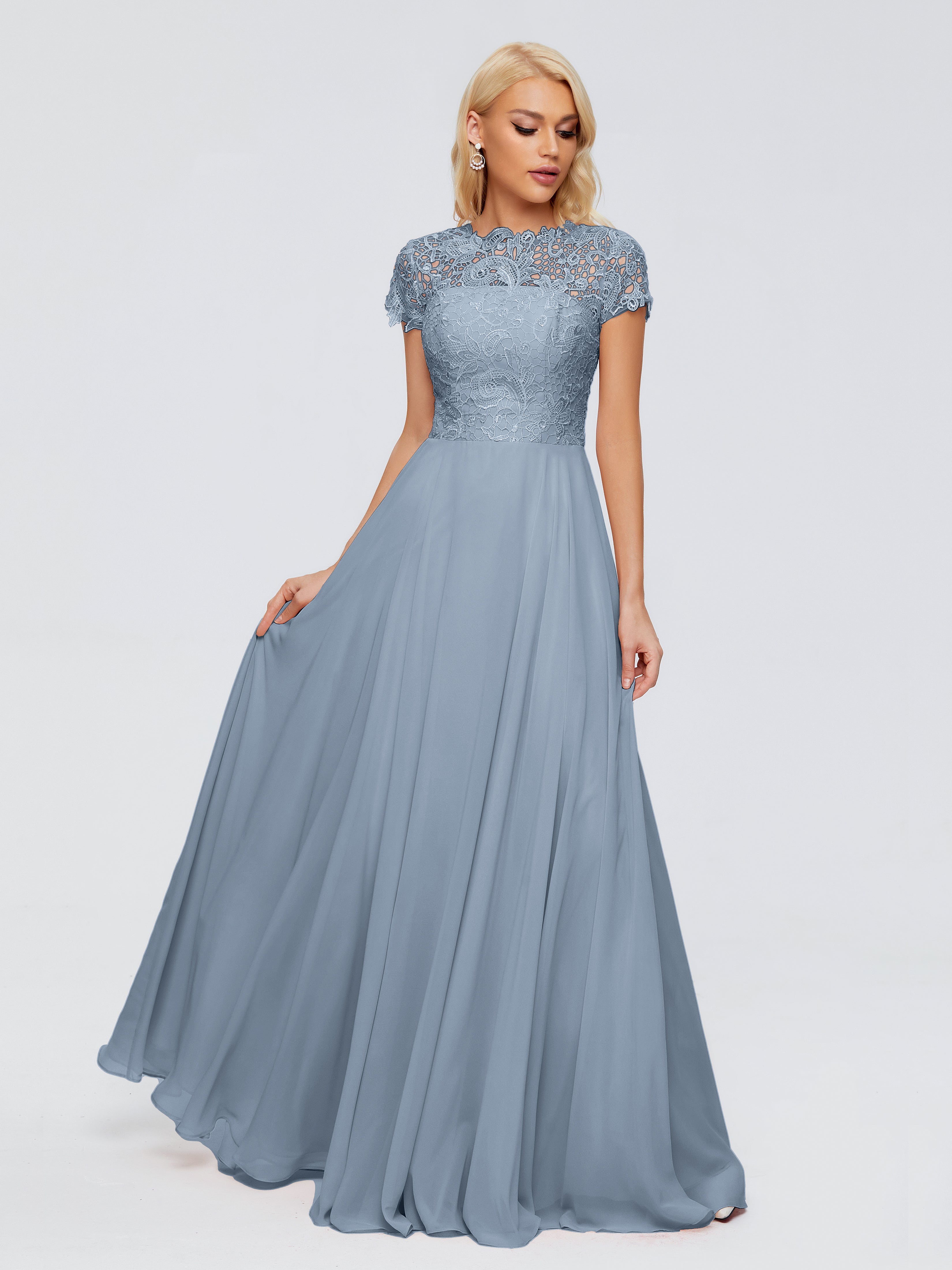 Robes De Demoiselle D'Honneur Bleu Poudre Trapèze Encolure Dégagée Mousseline Robes Demoiselle D'Honneur