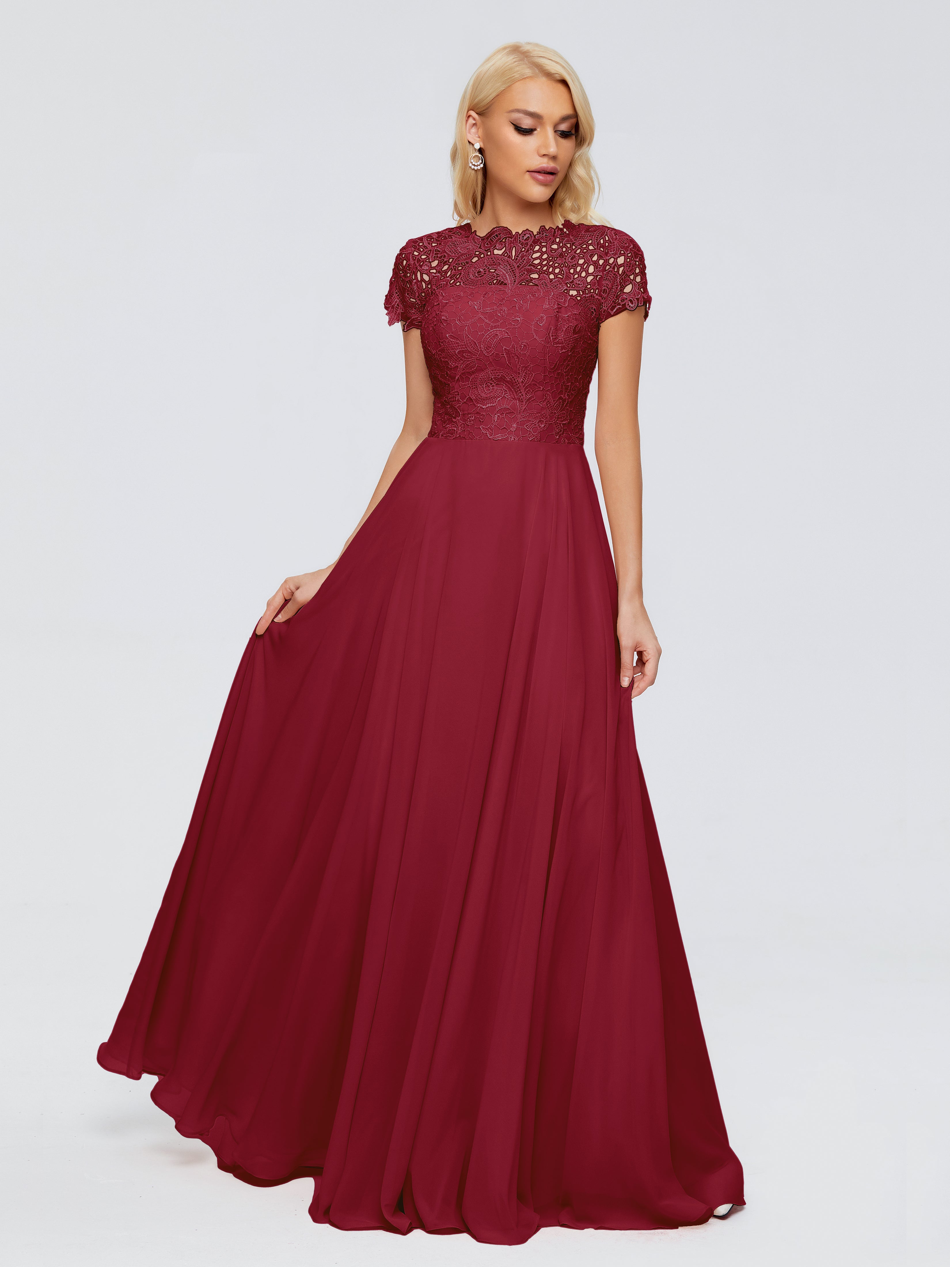 Robes Demoiselle D Honneur Bordeaux Trapèze Encolure Dégagée Mousseline Robes Demoiselle D'Honneur