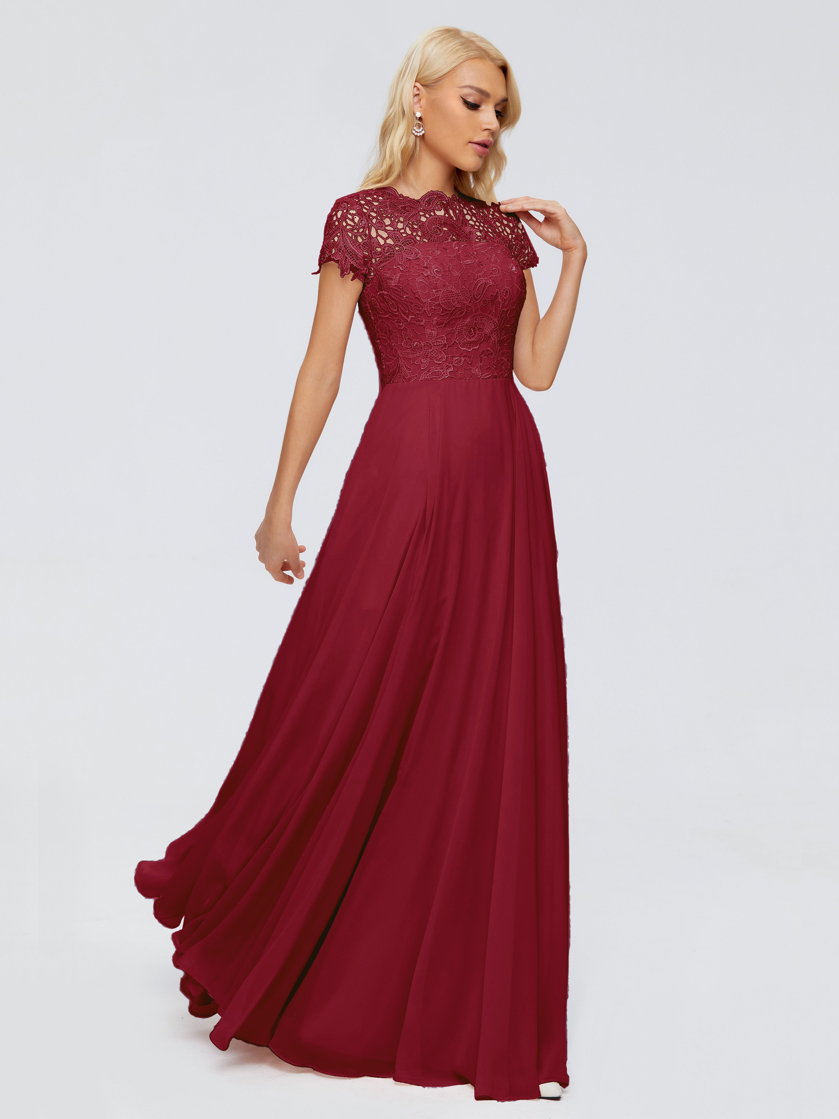 Robes Demoiselle D Honneur Bordeaux Trapèze Encolure Dégagée Mousseline Robes Demoiselle D'Honneur