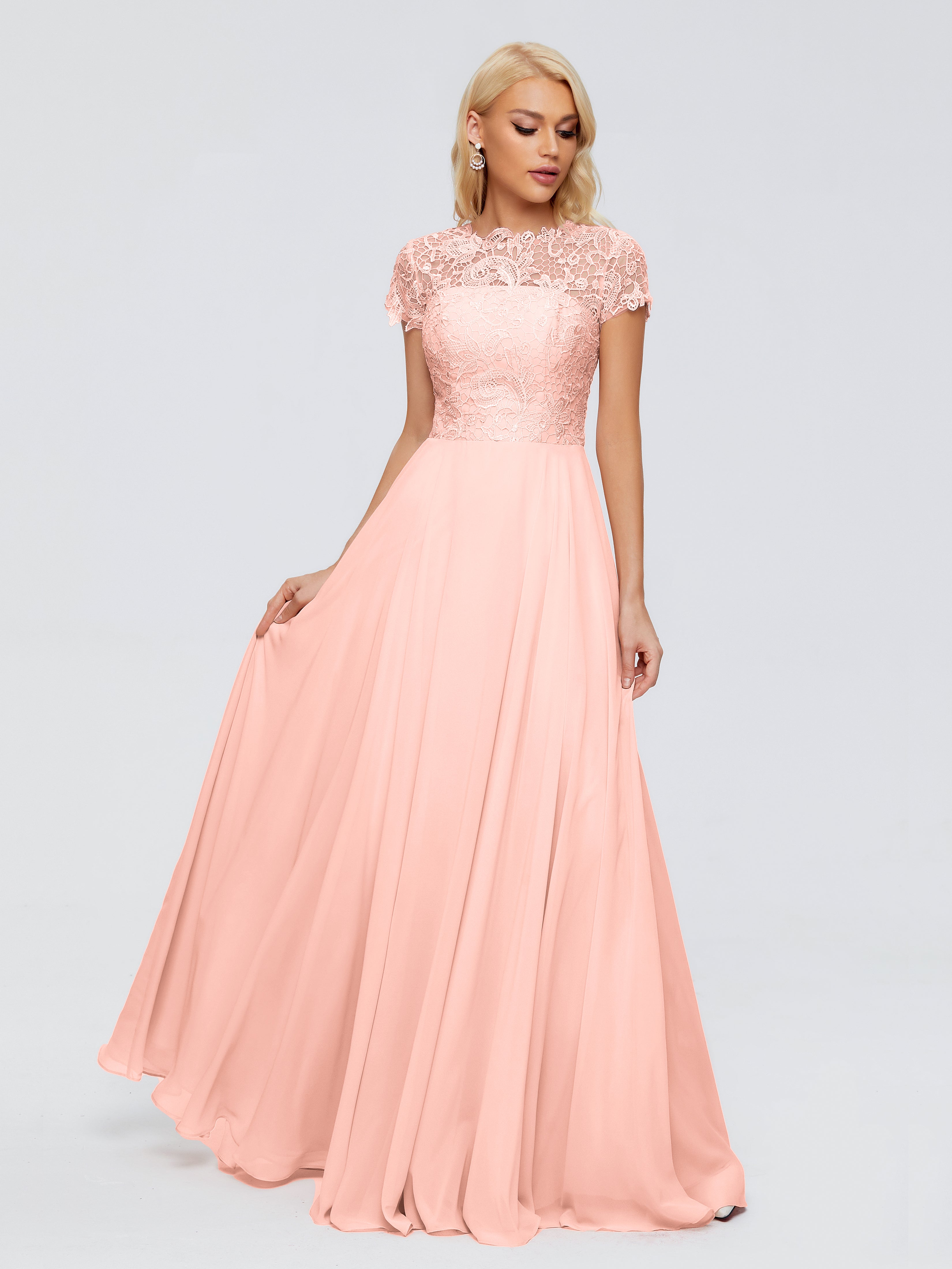 Robes Demoiselles D Honneur Corail Trapèze Encolure Dégagée Mousseline Robes Demoiselle D'Honneur