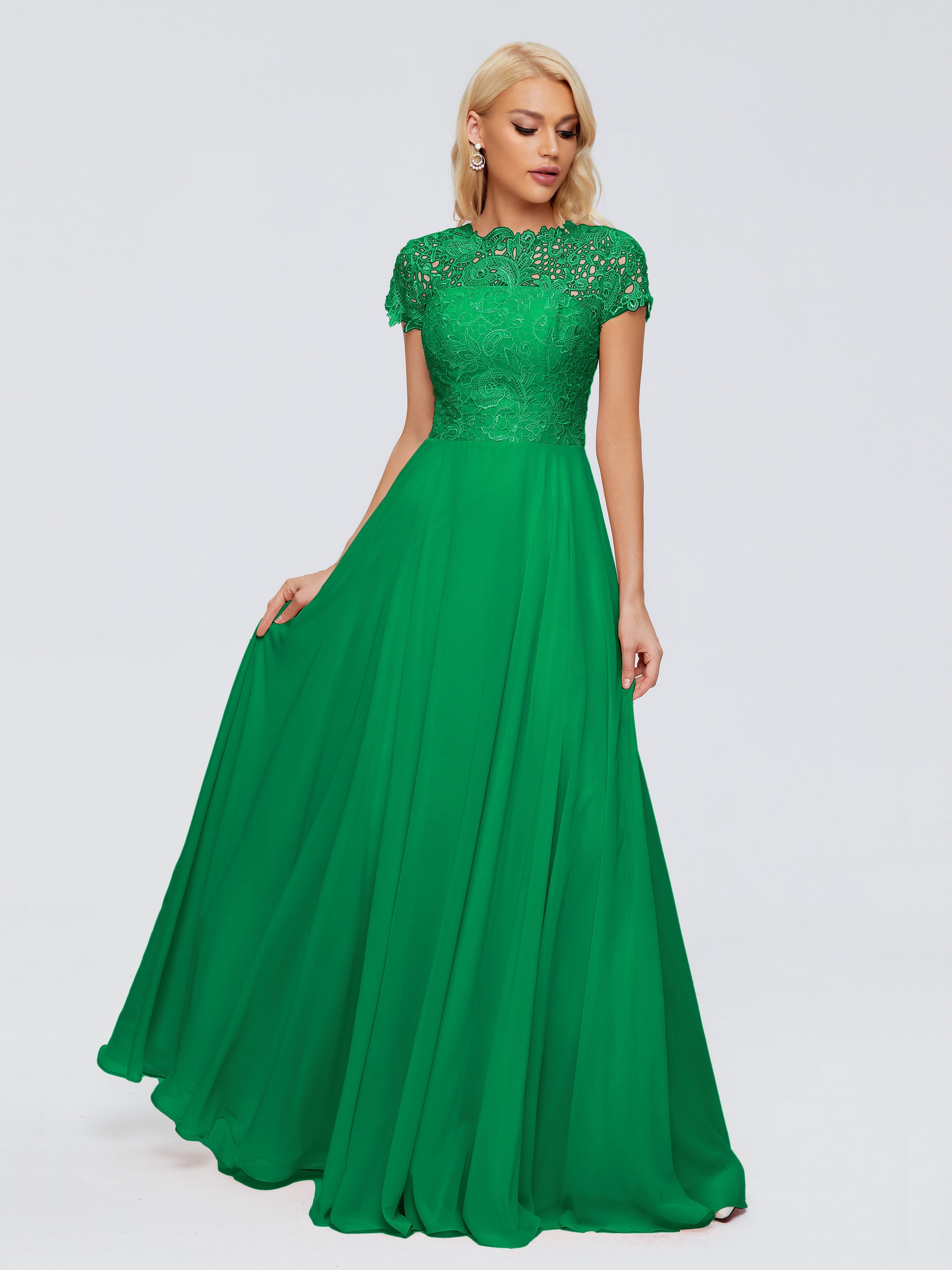 Wedding Party Robe Vert Emeraude Demoiselle D Honneur Trapèze Encolure Dégagée Mousseline Robes Demoiselle D'Honneur