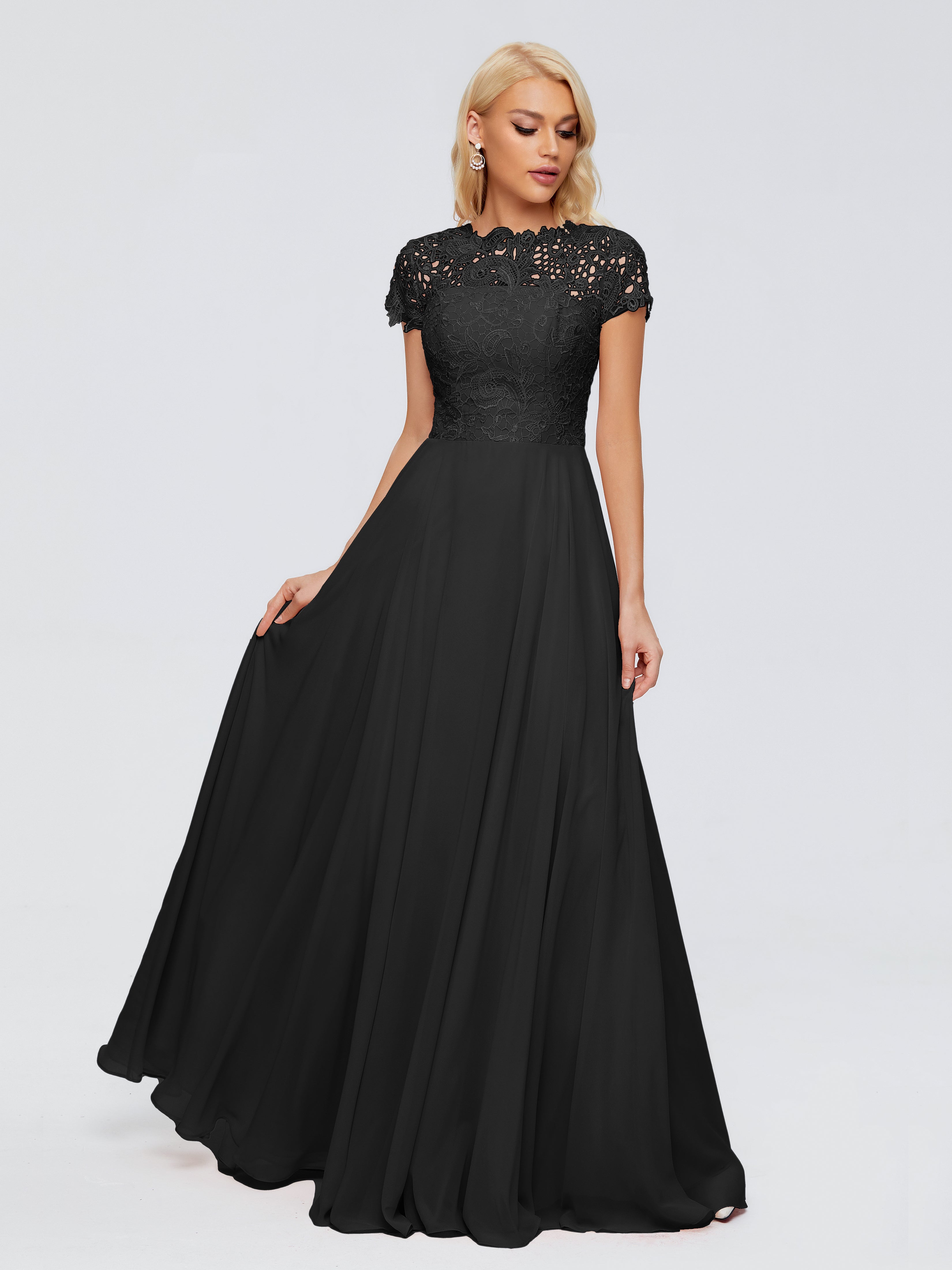 Demoiselle D Honneur Robe Noir Trapèze Encolure Dégagée Mousseline Robes Demoiselle D'Honneur
