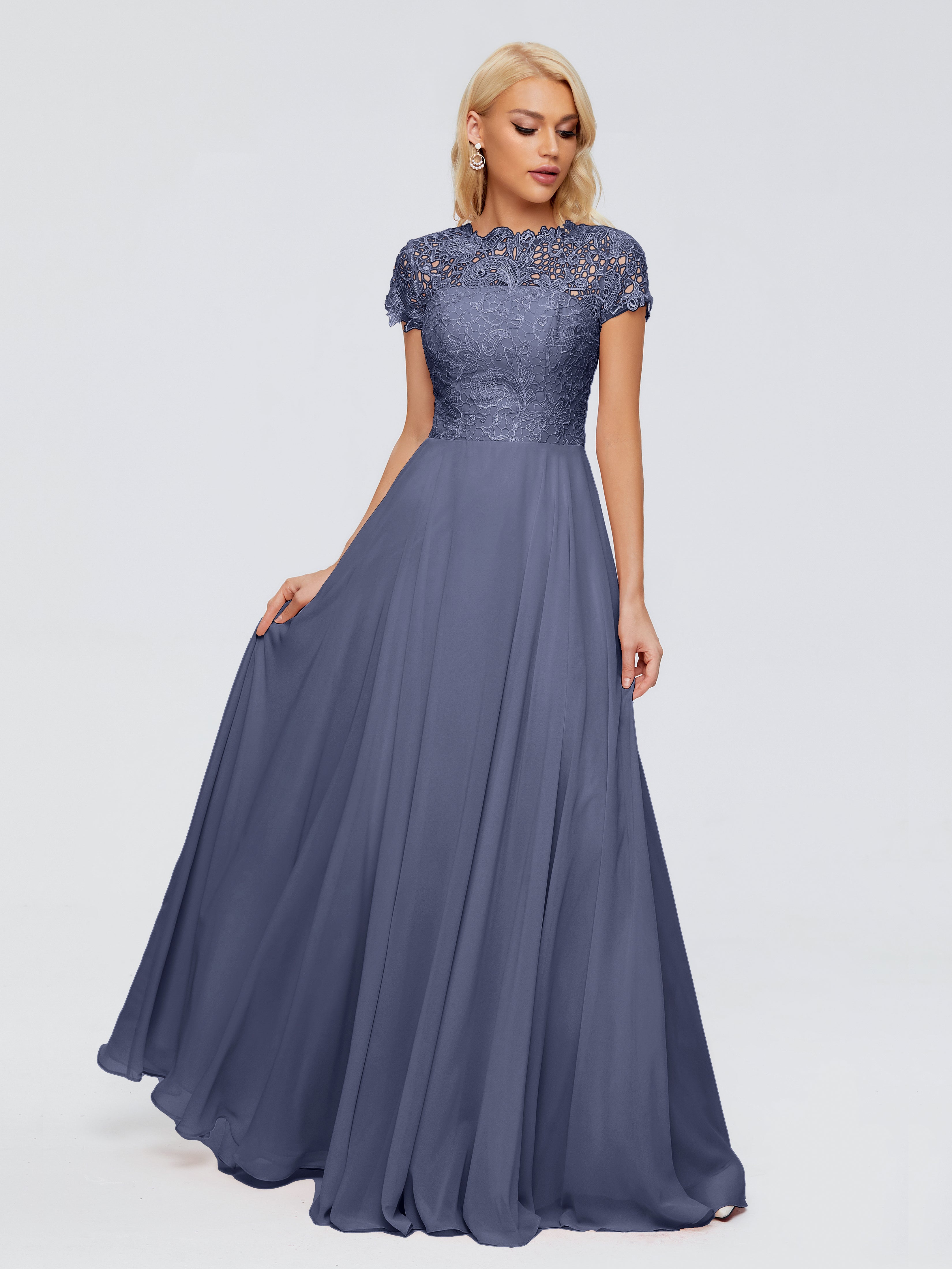 Robes De Demoiselle D'Honneur Bleu Orageux A-ligne Encolure Dégagée Mousseline Robes Demoiselle D'Honneur