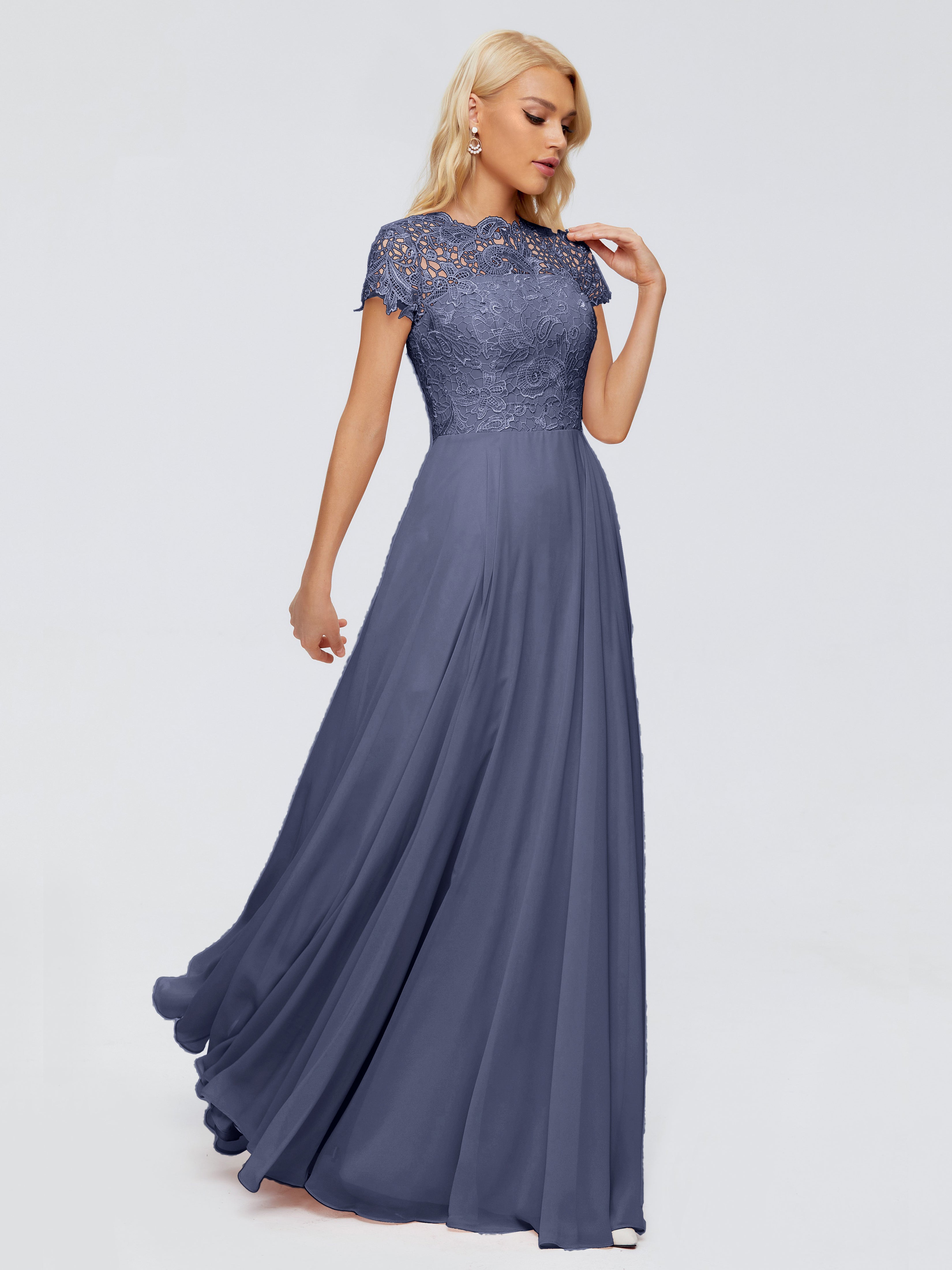 Robes De Demoiselle D'Honneur Bleu Orageux A-ligne Encolure Dégagée Mousseline Robes Demoiselle D'Honneur