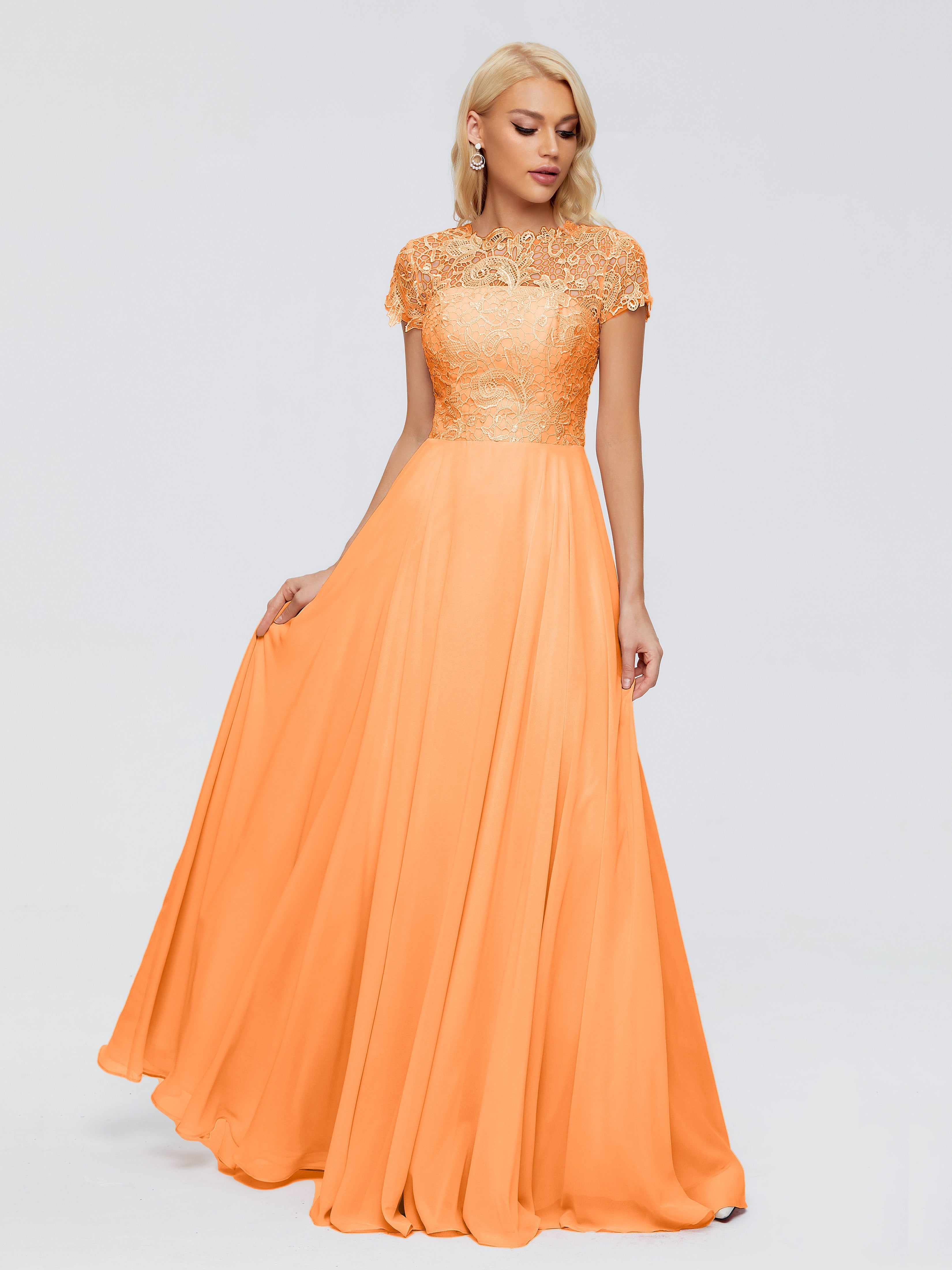 Robe Orange Demoiselle D Honneur Trapèze Encolure Dégagée Mousseline Robes Demoiselle D'Honneur