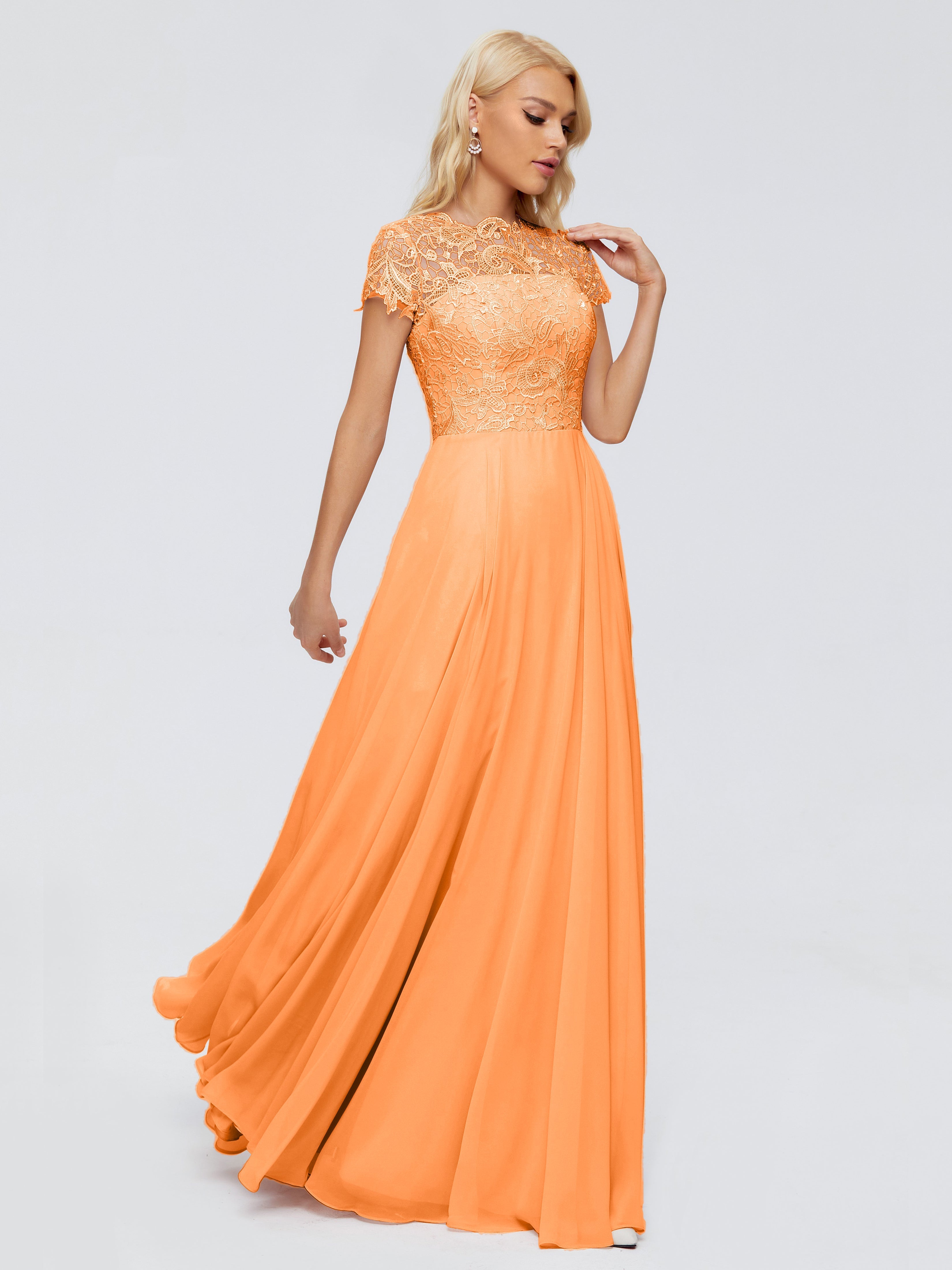 Robe Orange Demoiselle D Honneur Trapèze Encolure Dégagée Mousseline Robes Demoiselle D'Honneur