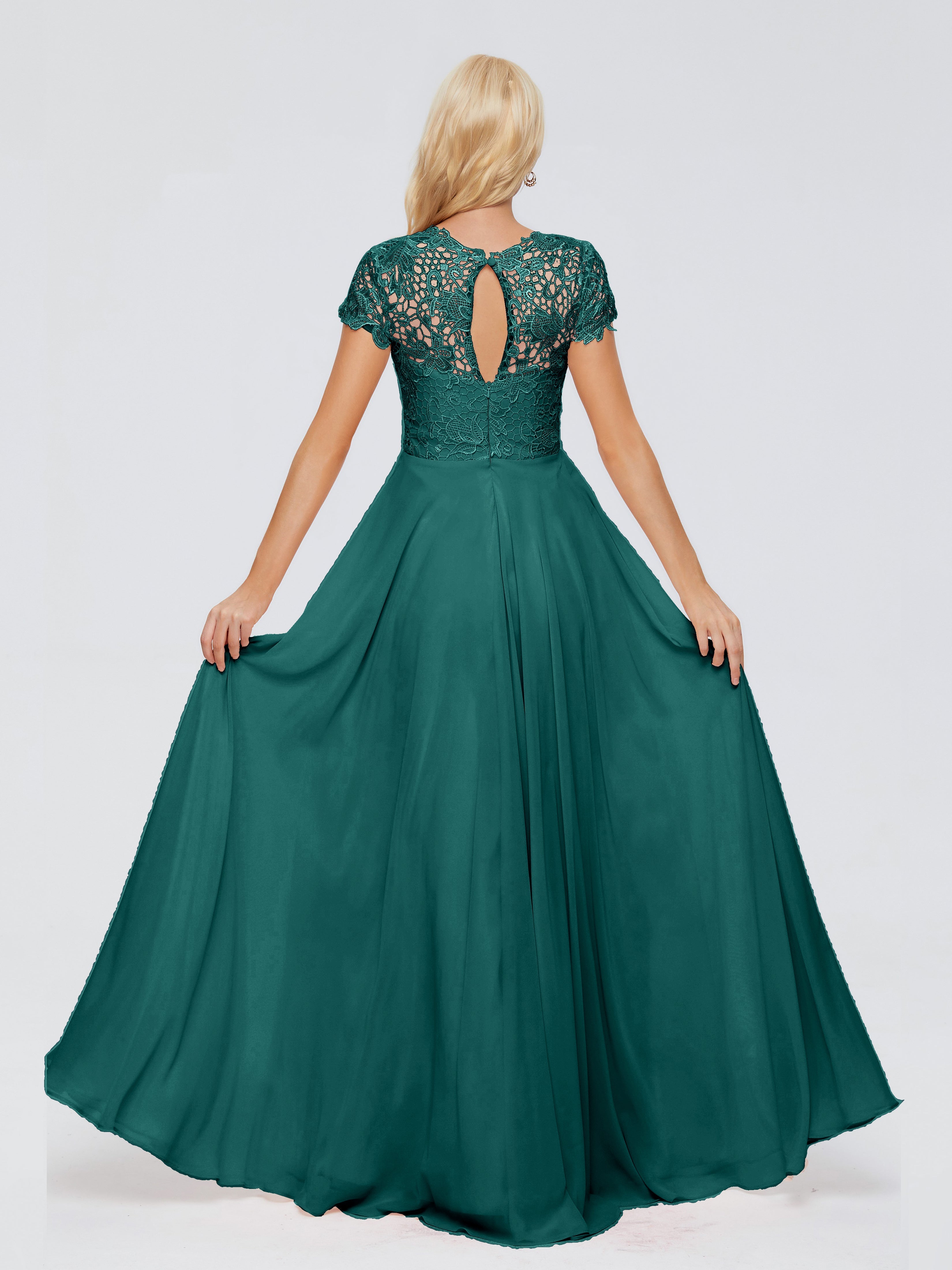 Robes De Demoiselle D'Honneur Bleu Paon Trapèze Encolure Dégagée Mousseline Robes Demoiselle D'Honneur