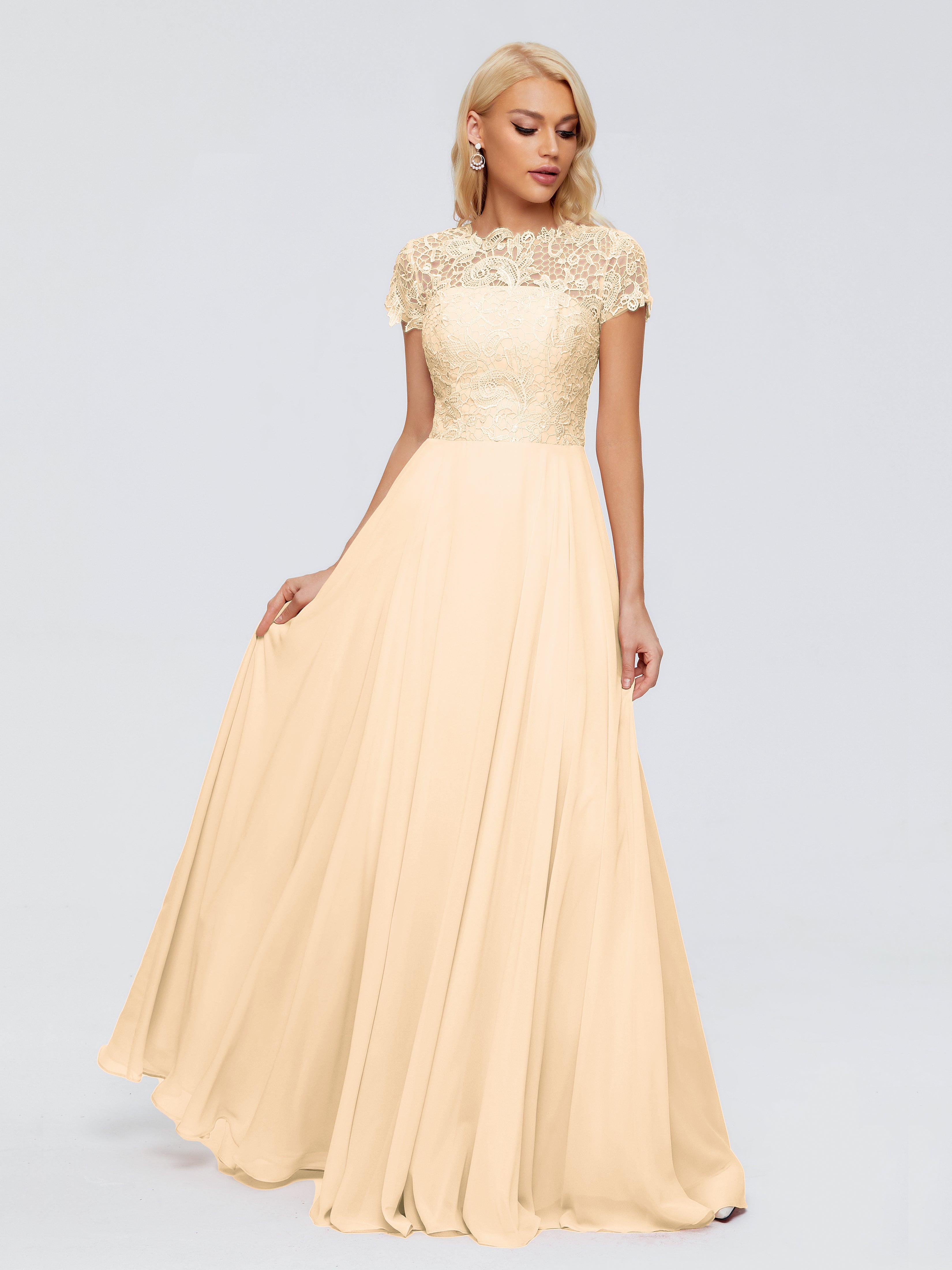 Robe Pêche Demoiselle D Honneur Trapèze Encolure Dégagée Mousseline Robes Demoiselle D'Honneur