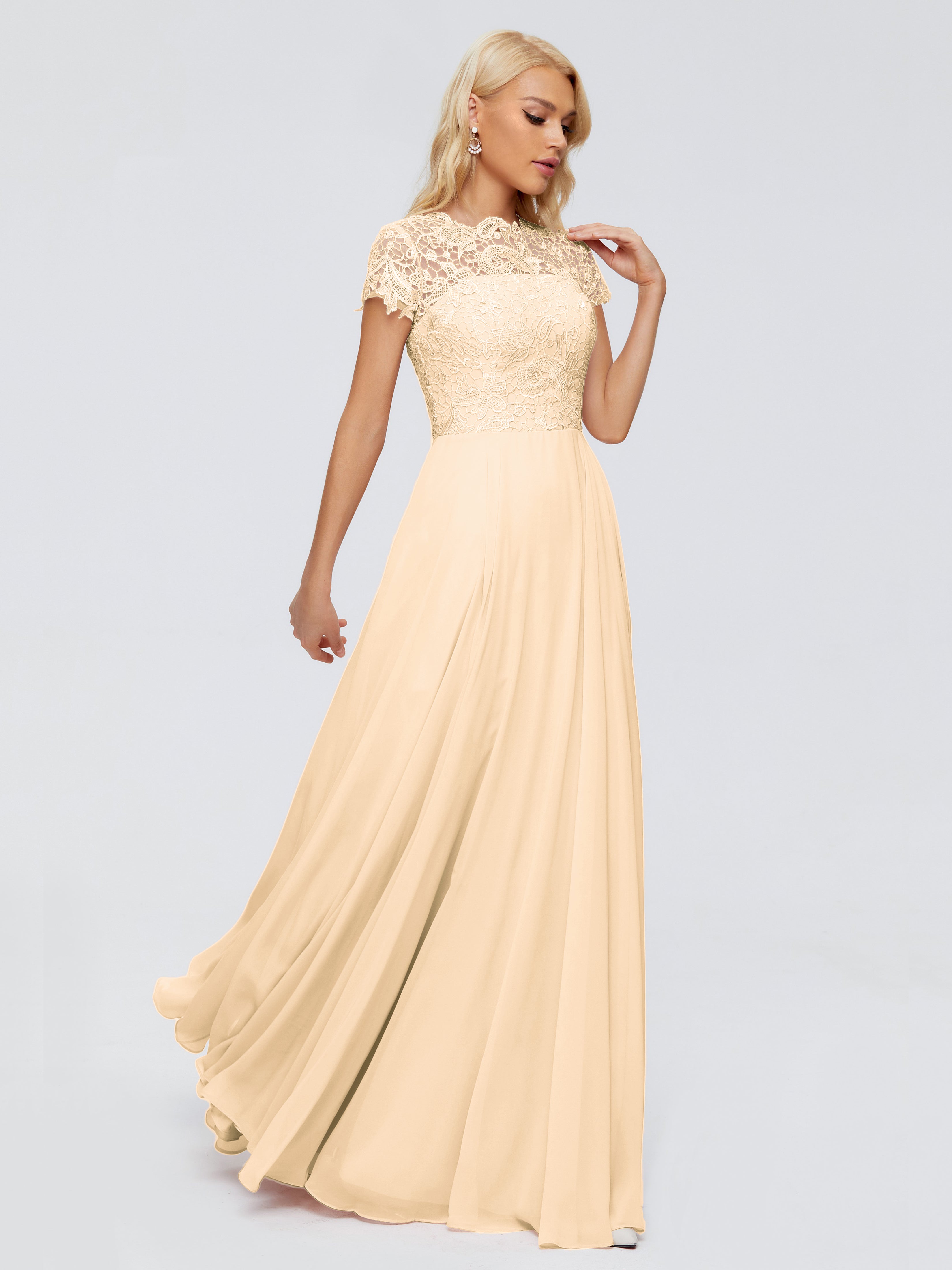 Robe Pêche Demoiselle D Honneur Trapèze Encolure Dégagée Mousseline Robes Demoiselle D'Honneur