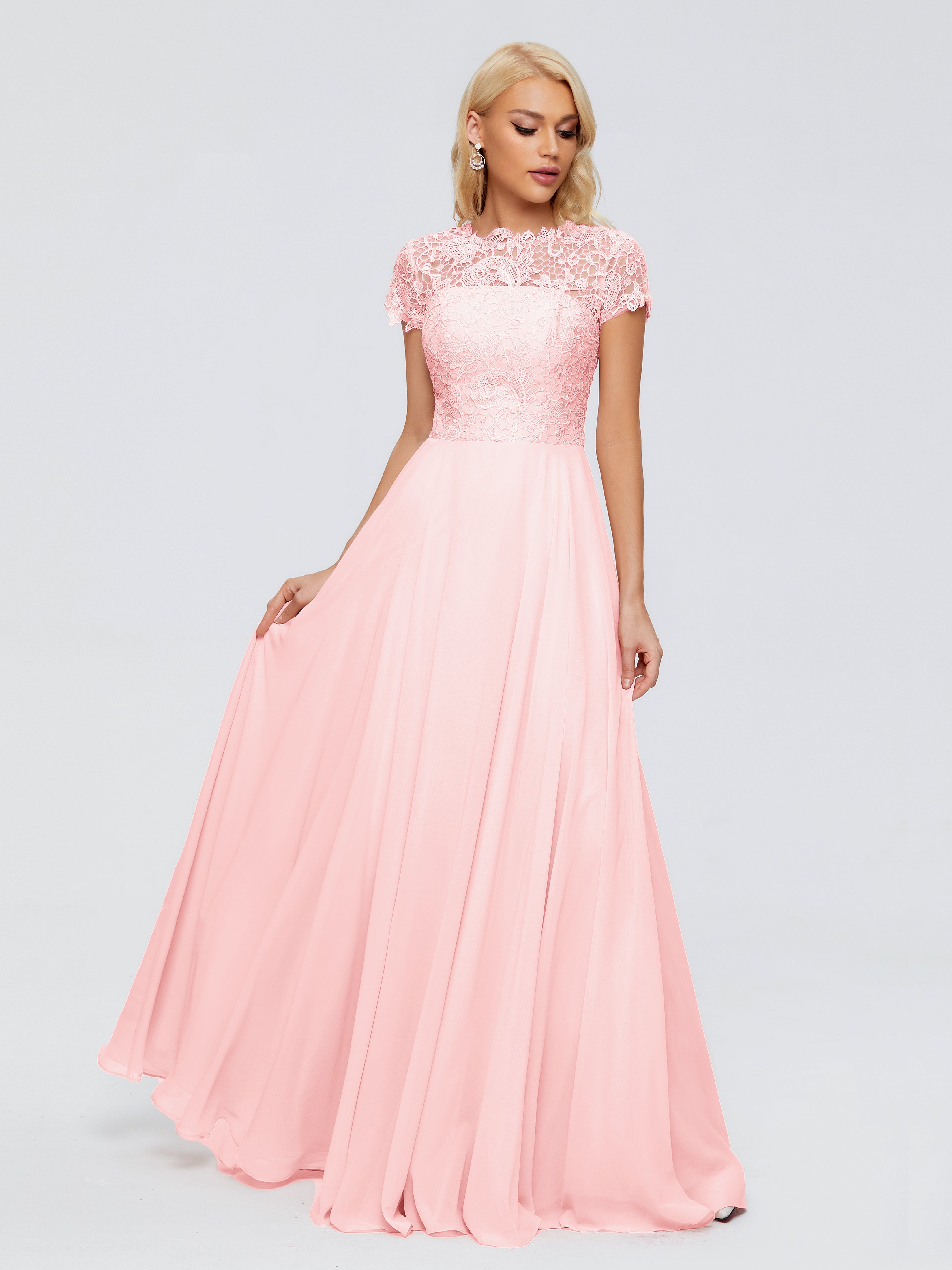 Robes De Demoiselle D'Honneur Roses Bon Marché Trapèze Encolure Dégagée Mousseline Robes Demoiselle D'Honneur