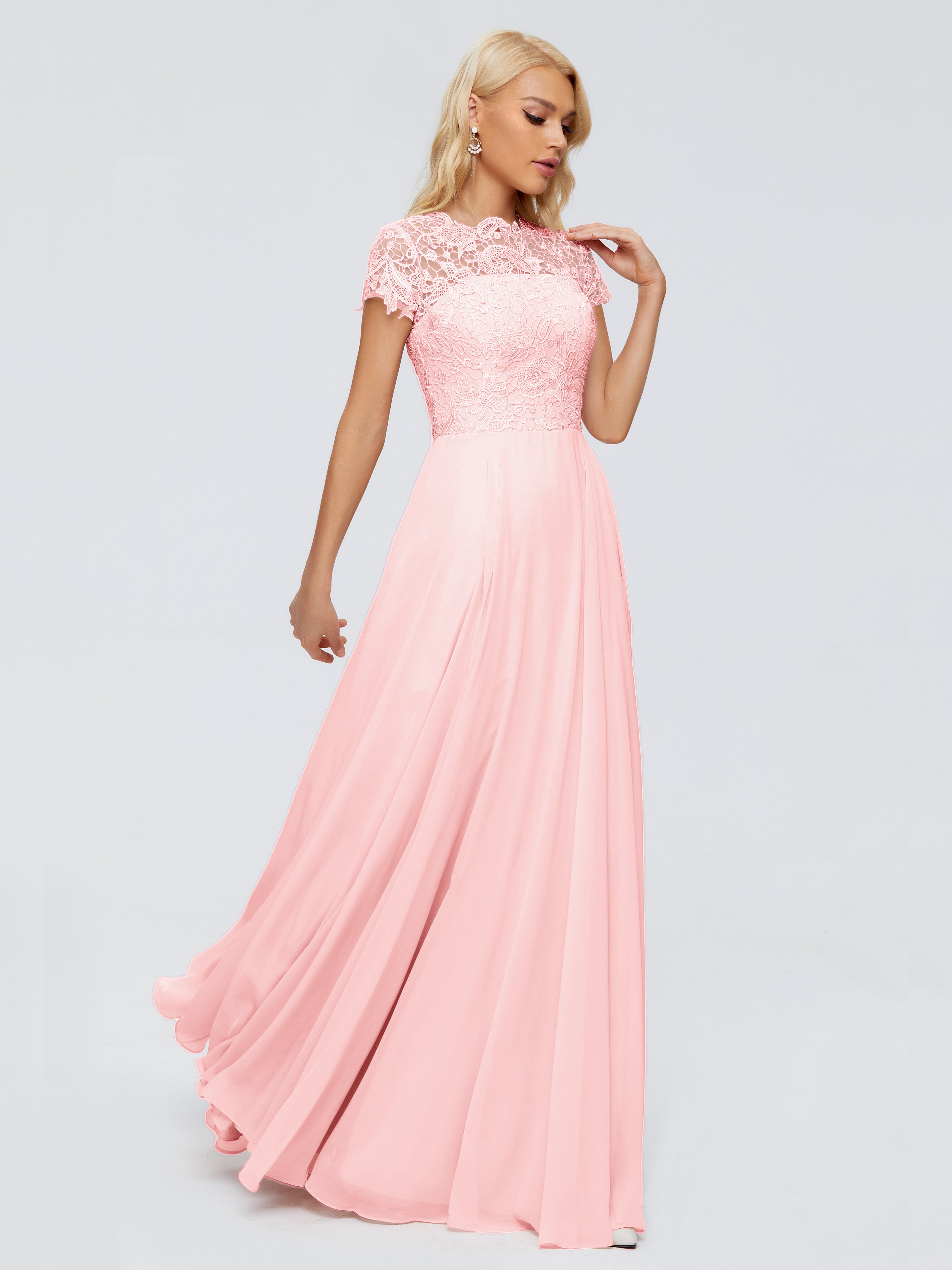 Robes De Demoiselle D'Honneur Roses Bon Marché Trapèze Encolure Dégagée Mousseline Robes Demoiselle D'Honneur