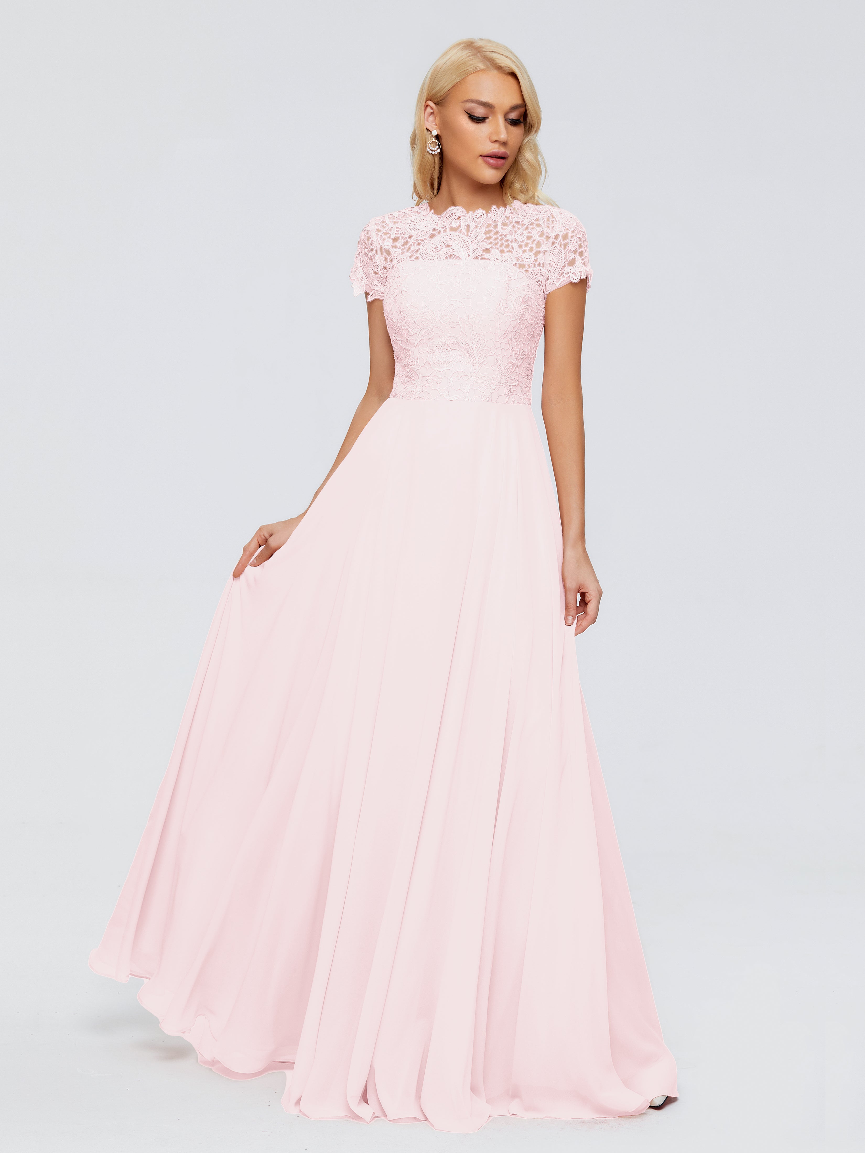 Rose Pale Robe Demoiselle D Honneur Trapèze Encolure Dégagée Mousseline Robes Demoiselle D'Honneur