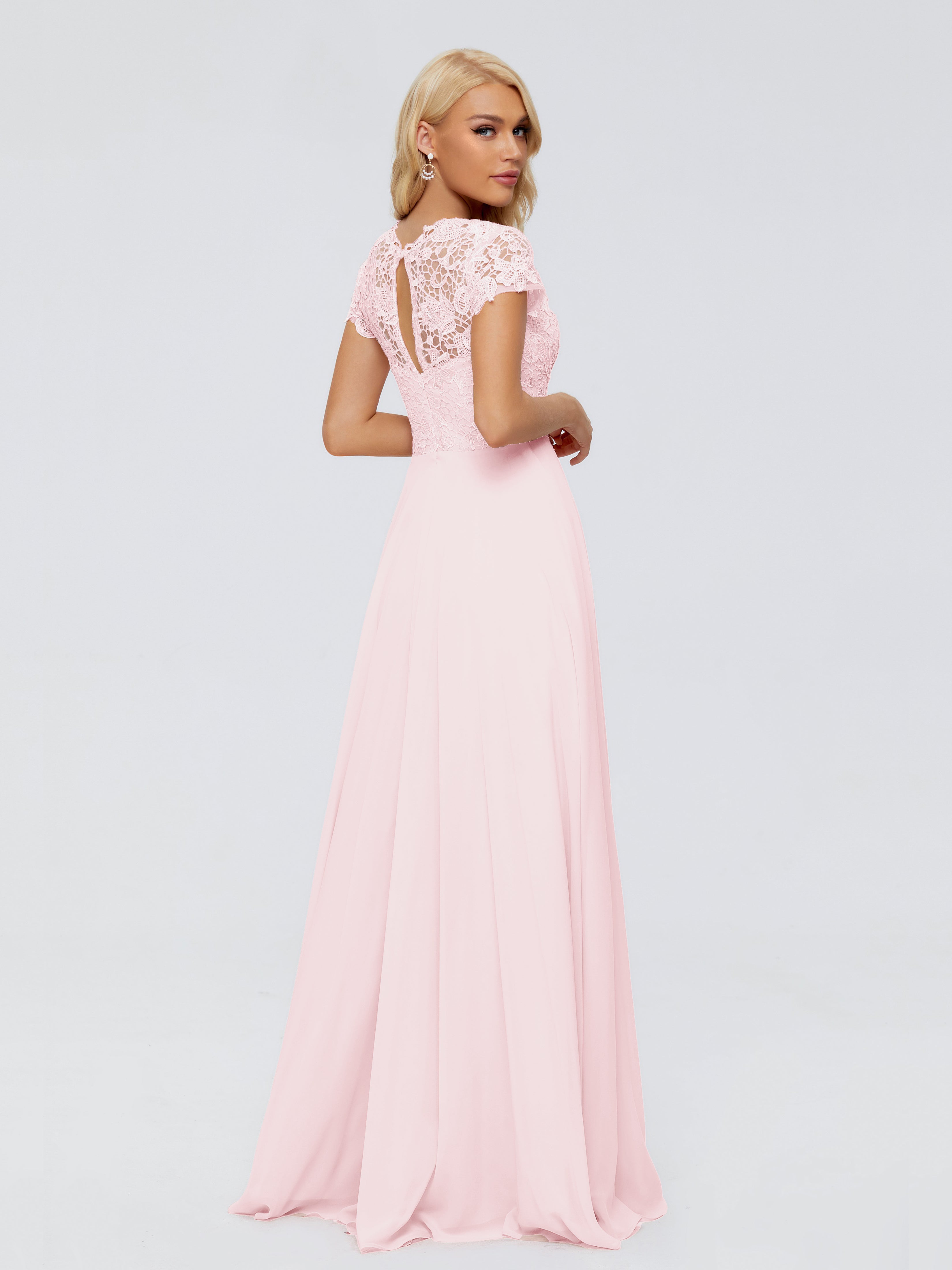 Rose Pale Robe Demoiselle D Honneur Trapèze Encolure Dégagée Mousseline Robes Demoiselle D'Honneur