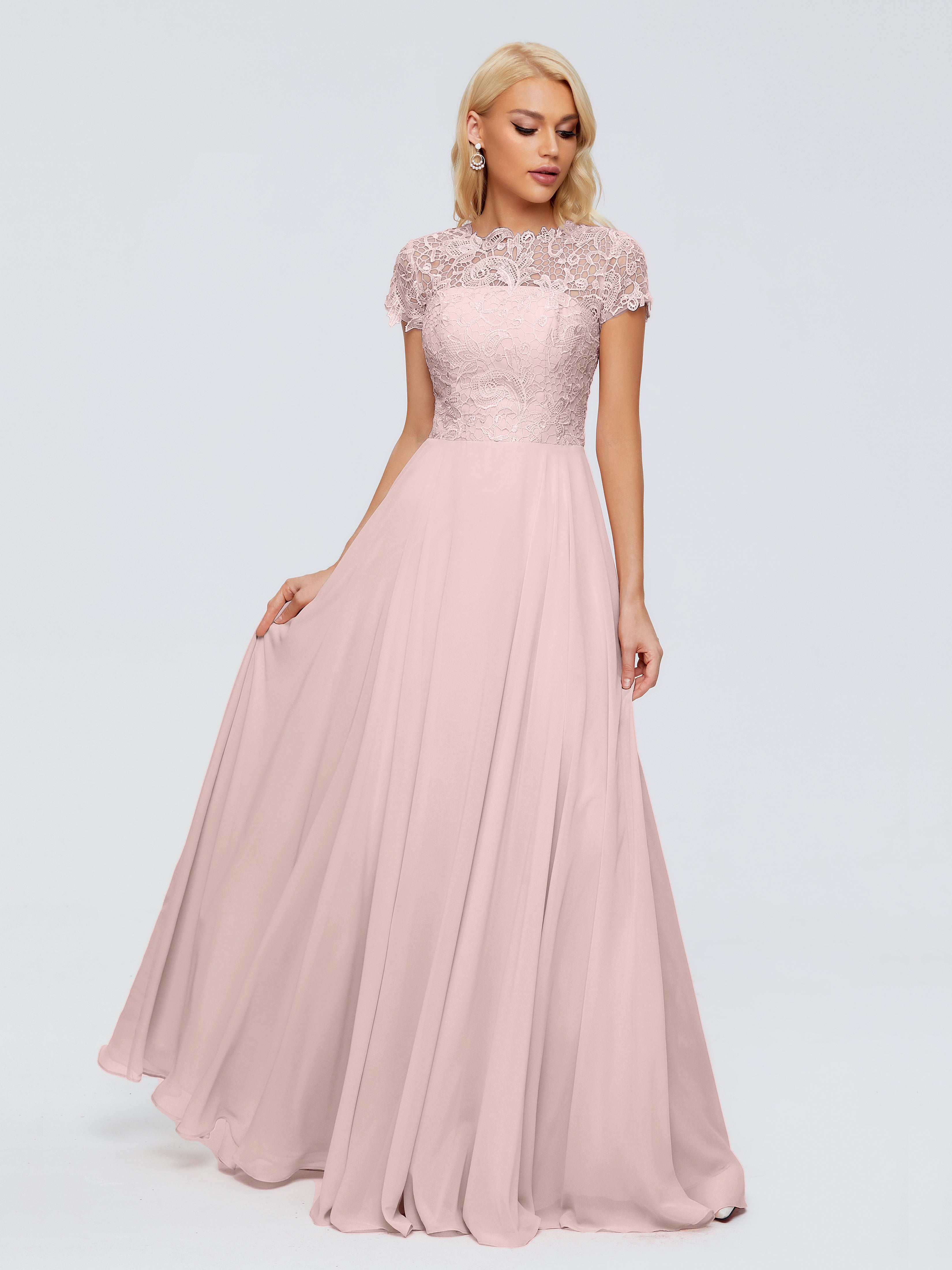 Robe Rose Poudré Mariage Demoiselle D Honneur Trapèze Encolure Dégagée Mousseline Robes Demoiselle D'Honneur