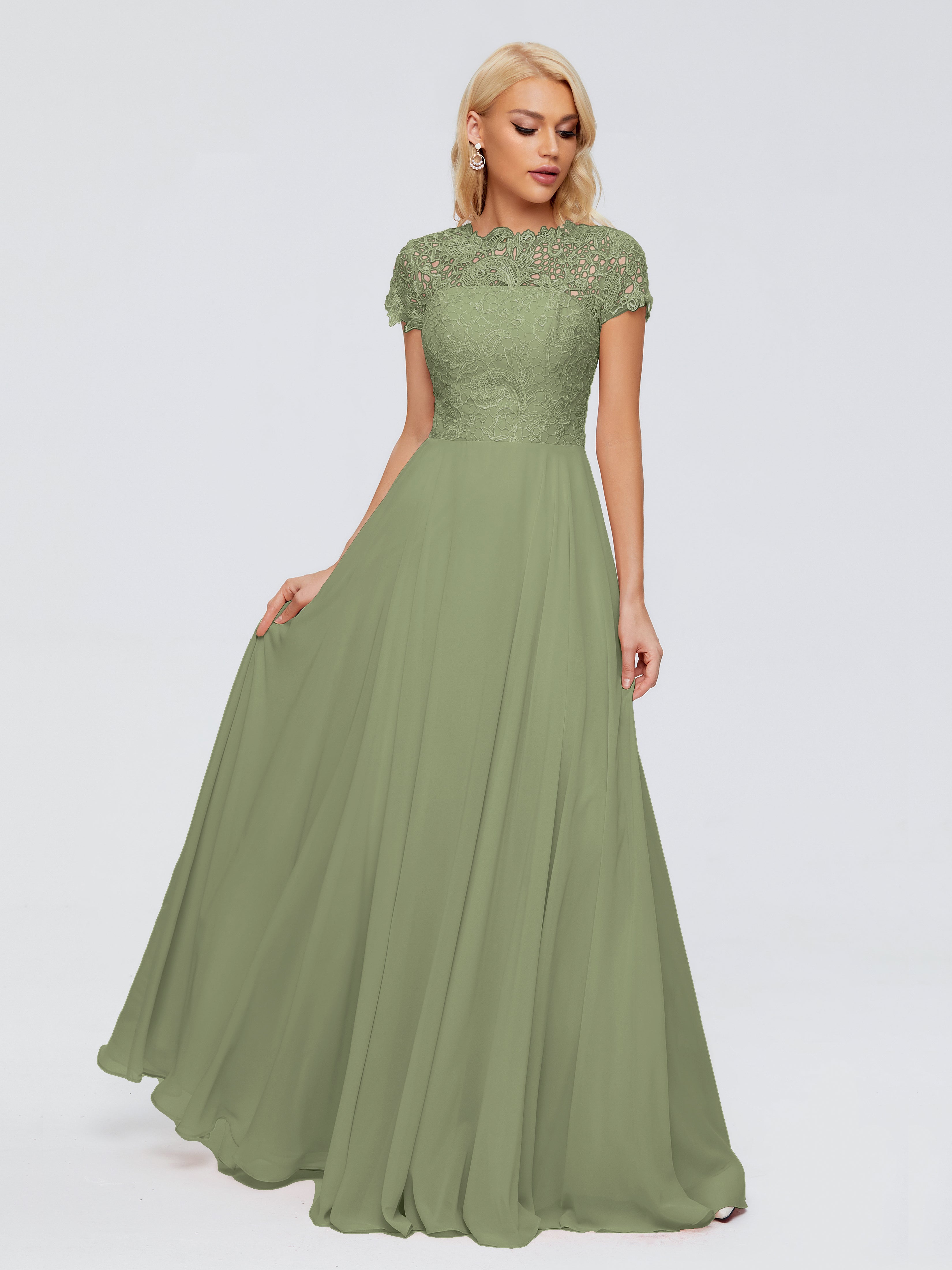 Robes De Demoiselle D'Honneur Vert Olive Clair Trapèze Encolure Dégagée Mousseline Robes Demoiselle D'Honneur
