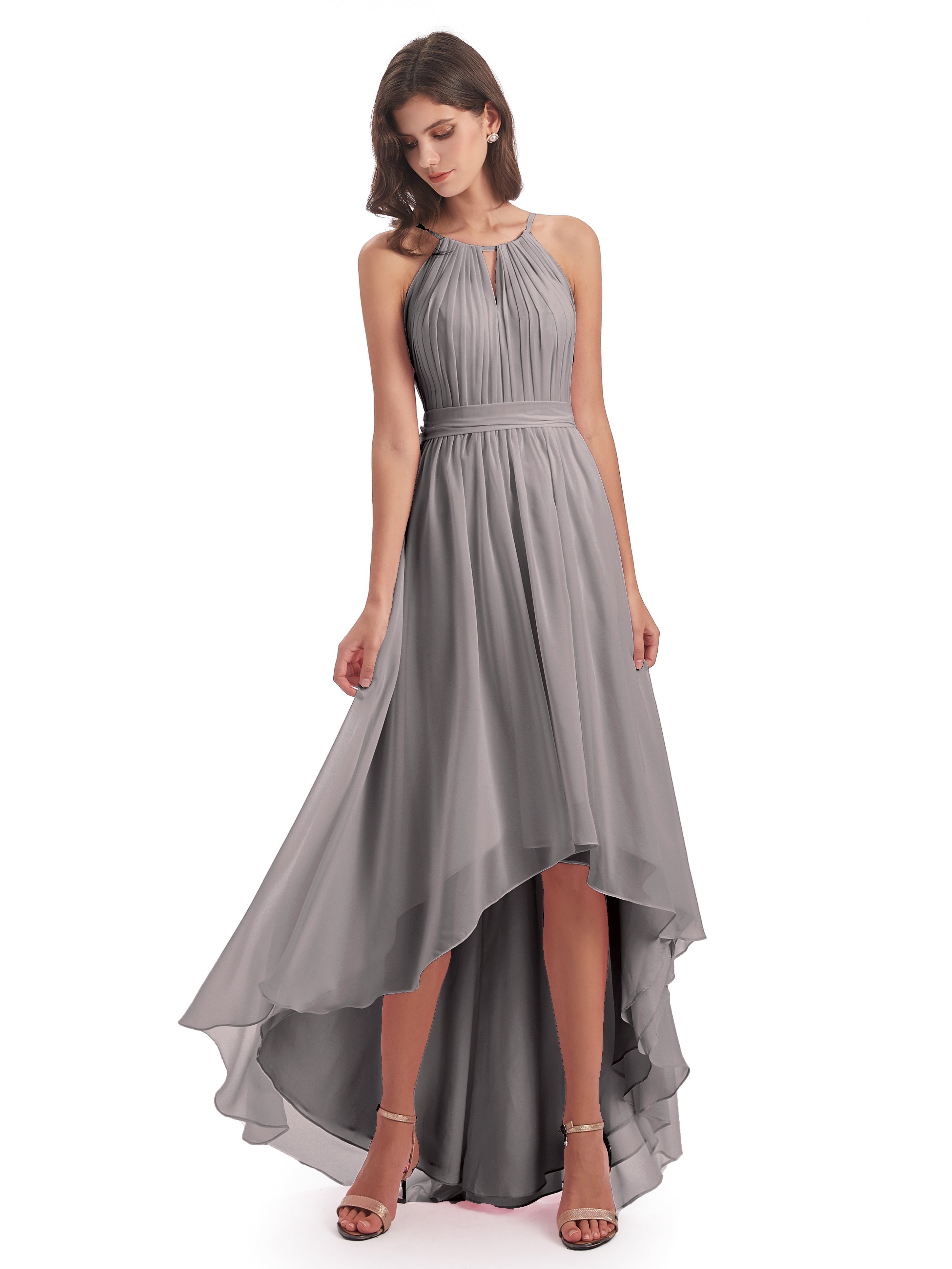 Robe Argentée Demoiselle D Honneur Asymétrique Haute Basse Licou Mousseline Robes Demoiselle D'Honneur