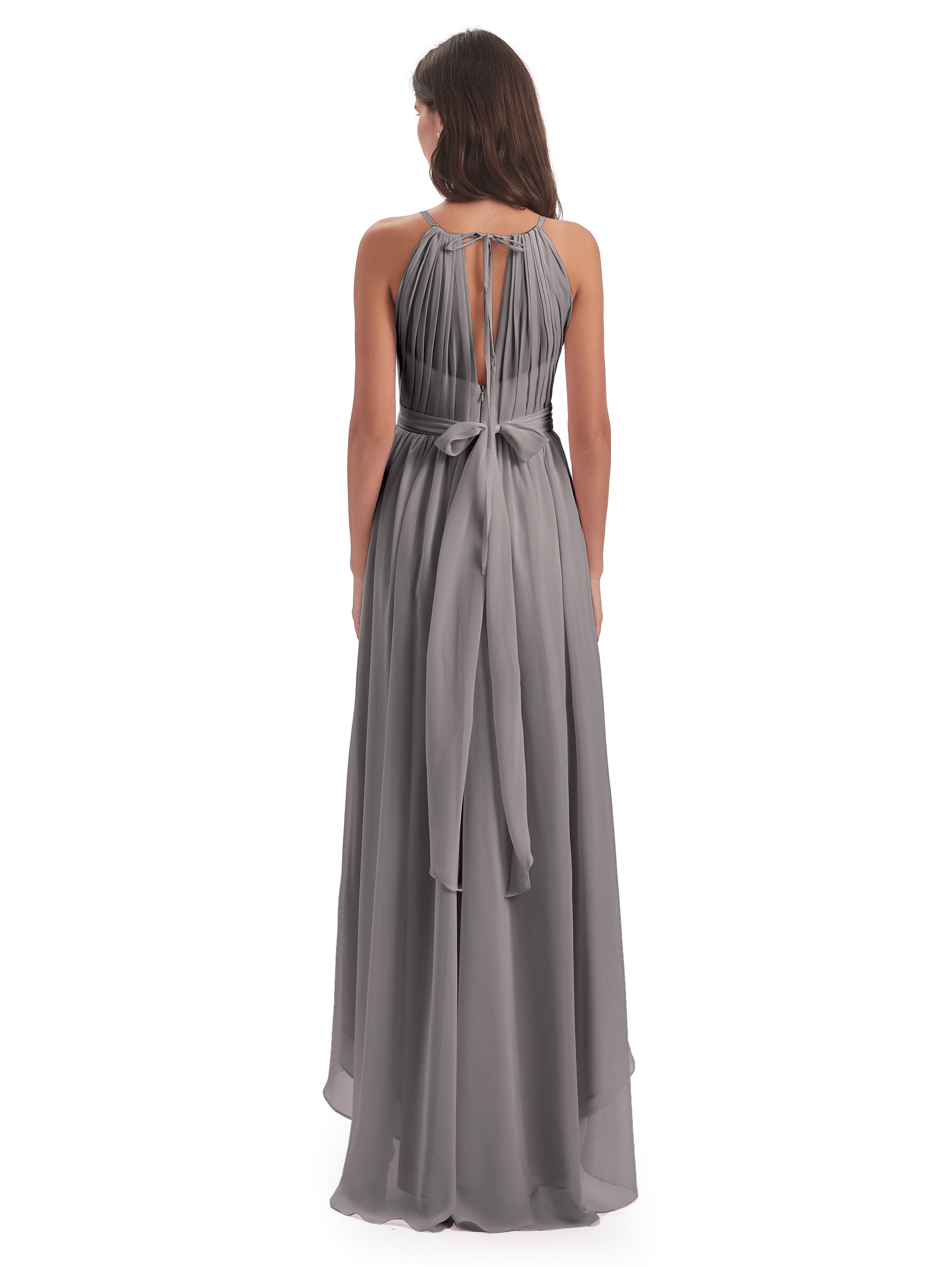 Robe Argentée Demoiselle D Honneur Asymétrique Haute Basse Licou Mousseline Robes Demoiselle D'Honneur