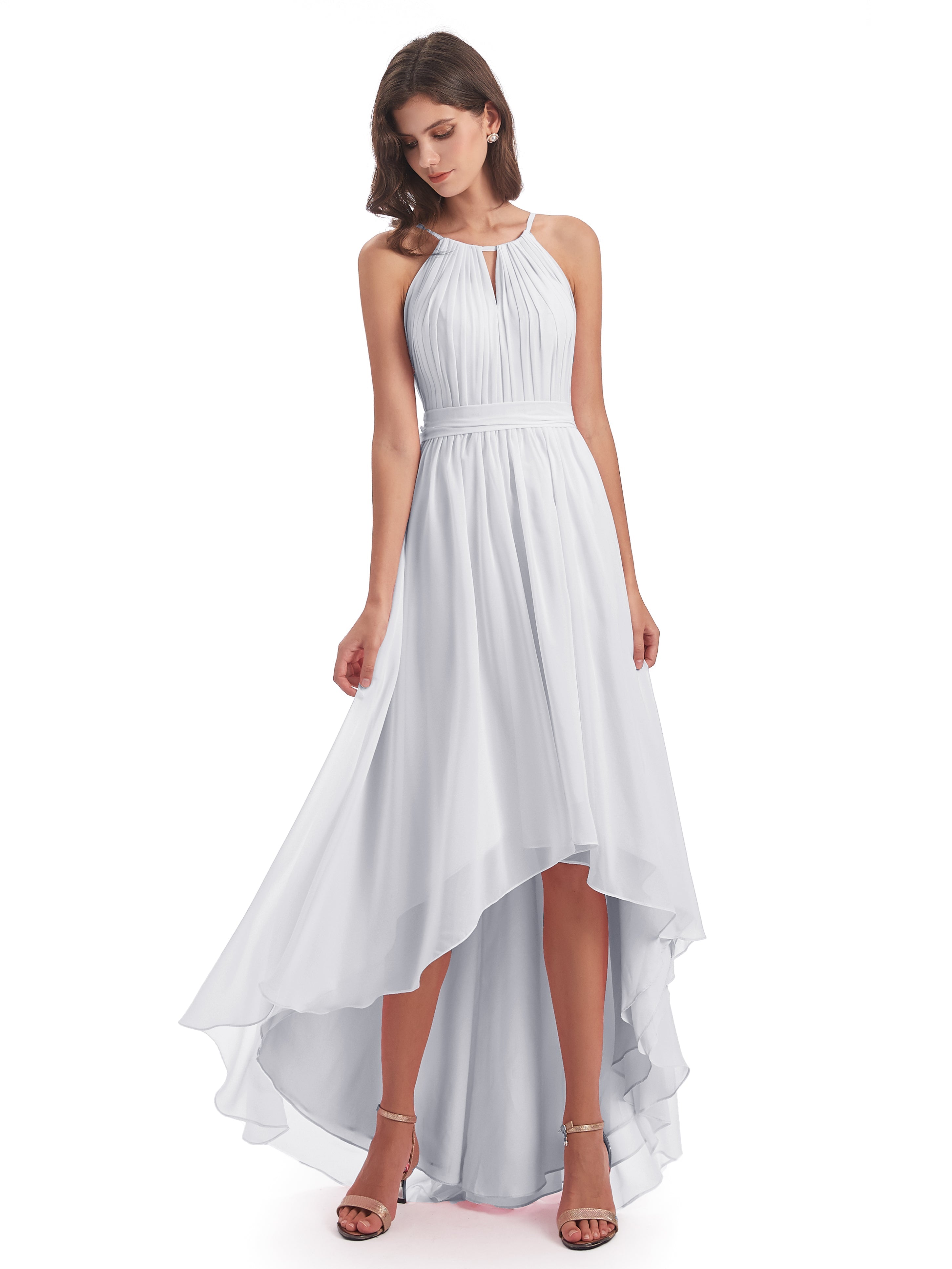 Demoiselle D Honneur En Blanc Asymétrique Haute Basse Licou Mousseline Robes Demoiselle D'Honneur