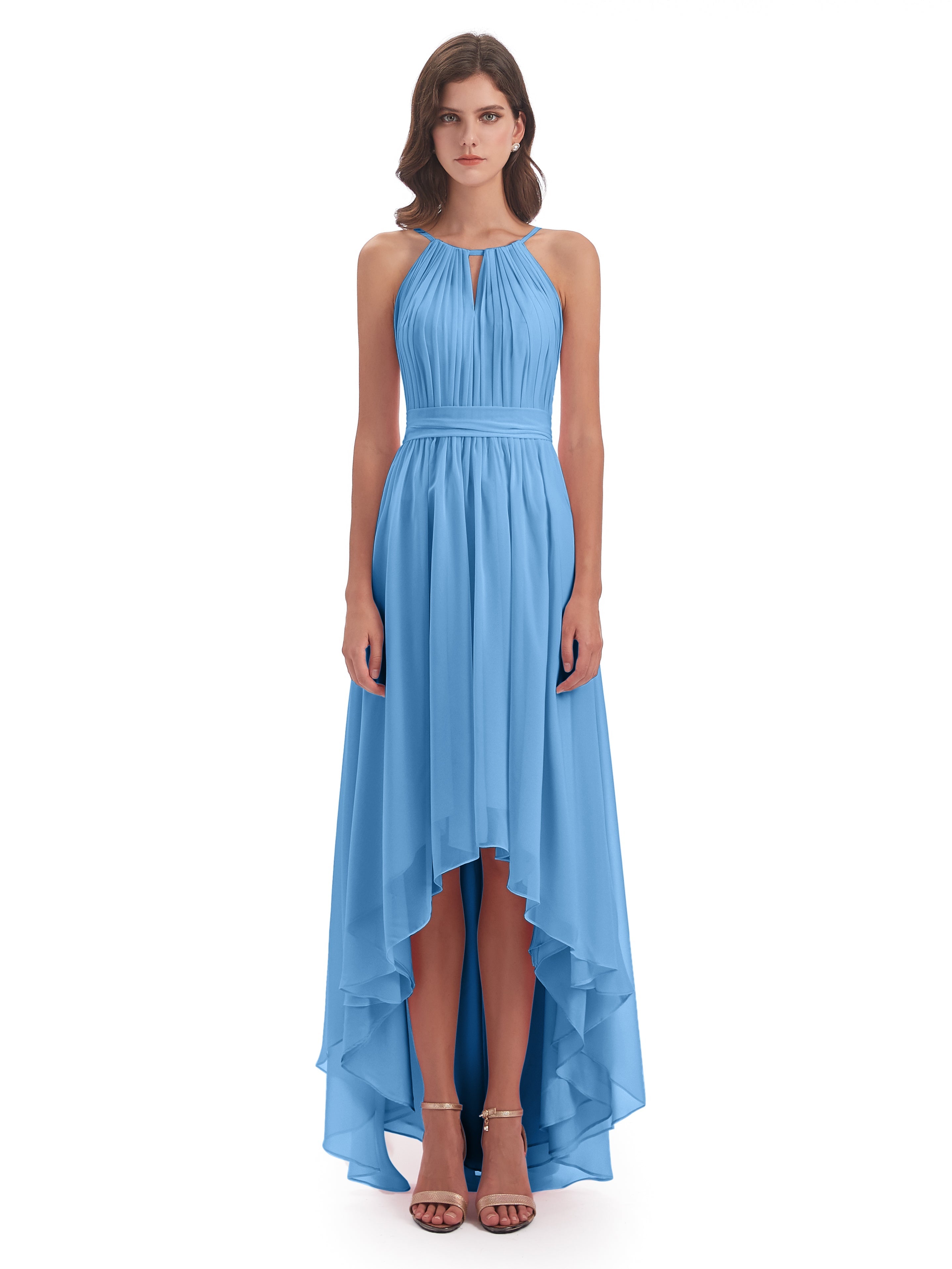 Demoiselle D Honneur Robe Bleu Asymétrique Haute Basse Licou Mousseline Robes Demoiselle D'Honneur