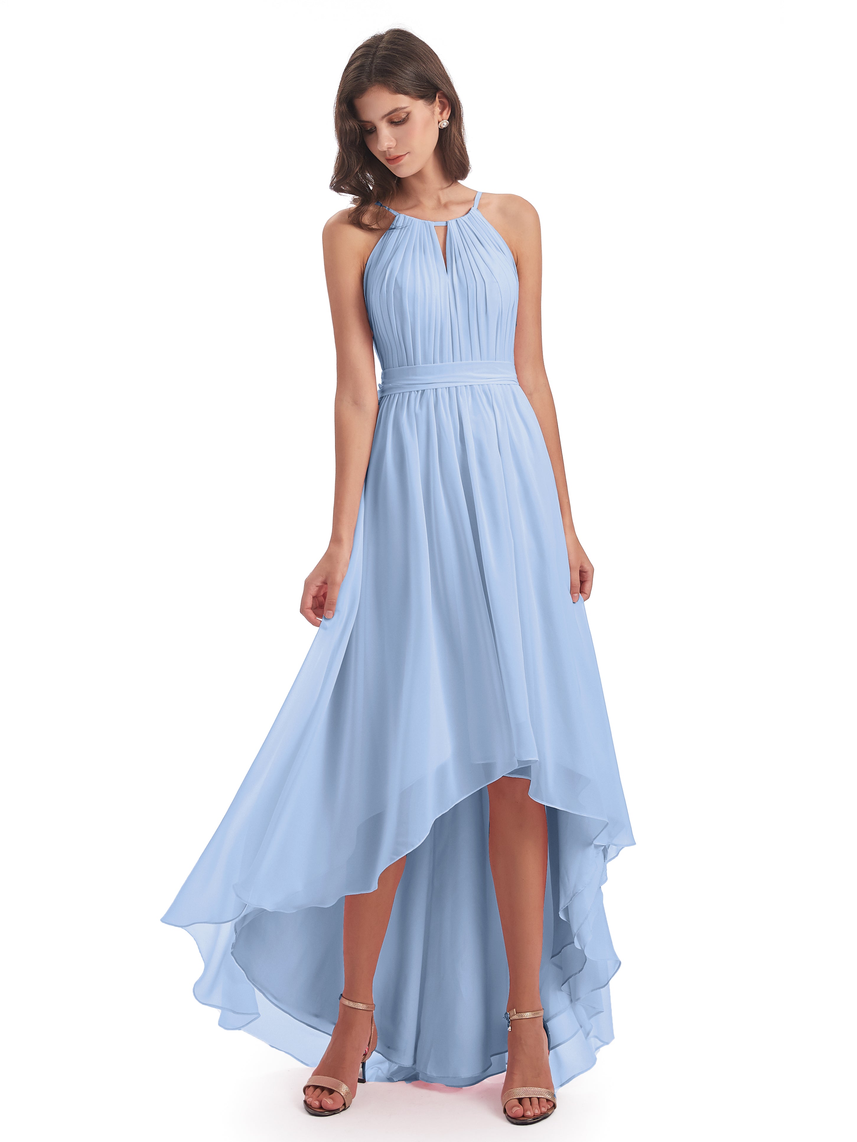 Robe Bleu Ciel Demoiselle D Honneur Asymétrique Haute Basse Licou Mousseline Robes Demoiselle D'Honneur