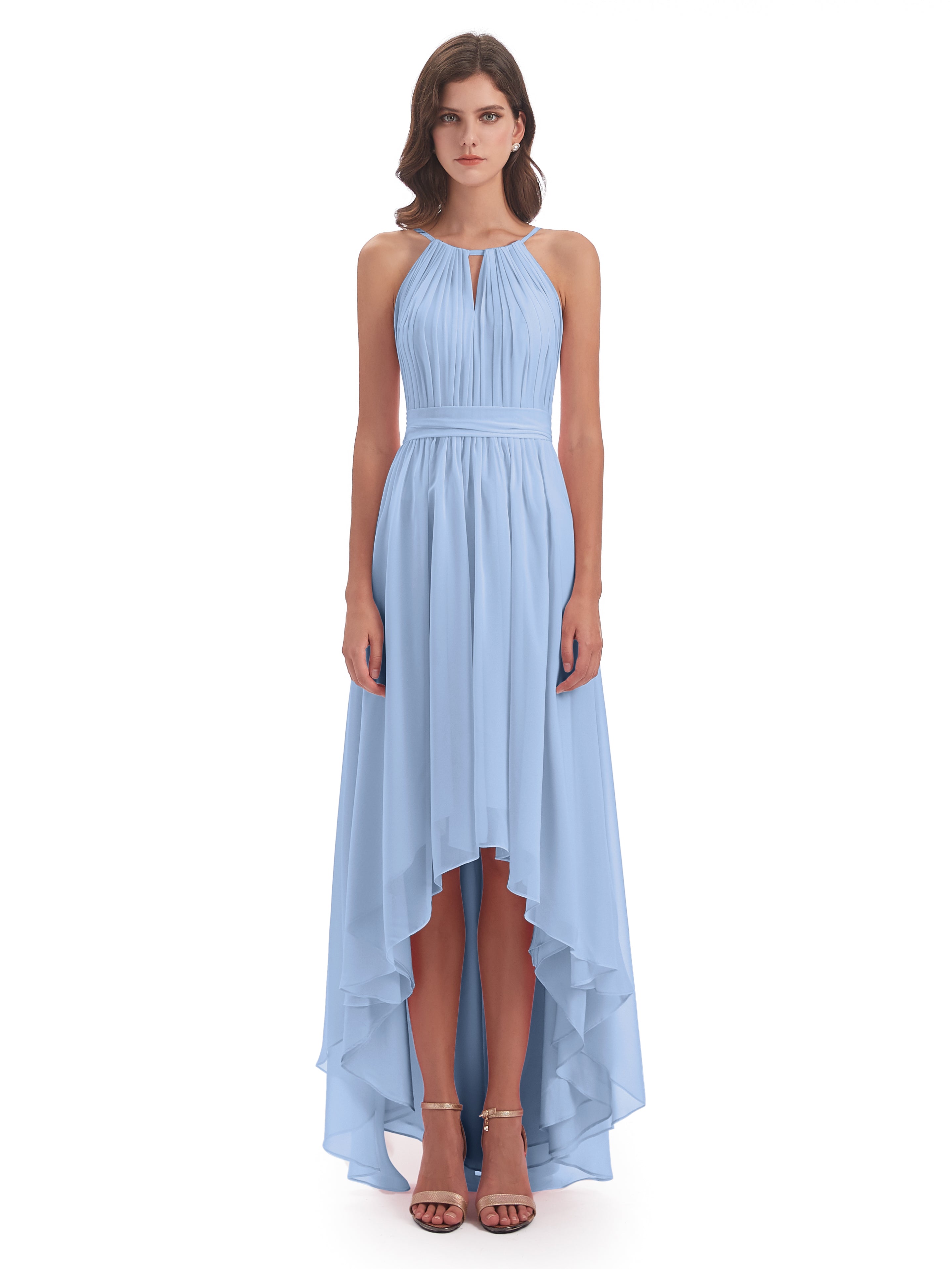 Robe Bleu Ciel Demoiselle D Honneur Asymétrique Haute Basse Licou Mousseline Robes Demoiselle D'Honneur