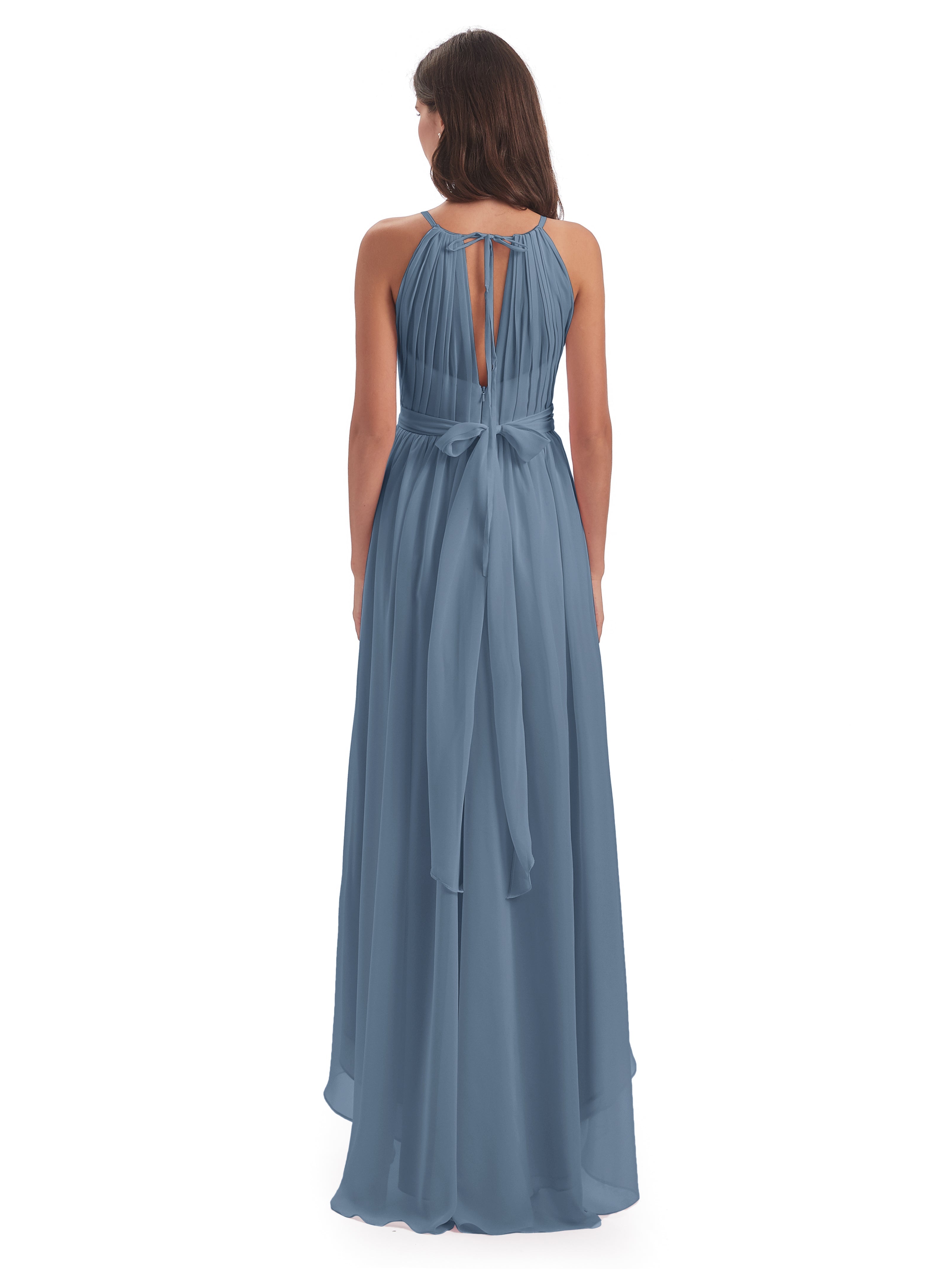 Robes De Demoiselle D'Honneur Bleu De Schiste Asymétrique Haute Basse Licou Mousseline Robes Demoiselle D'Honneur