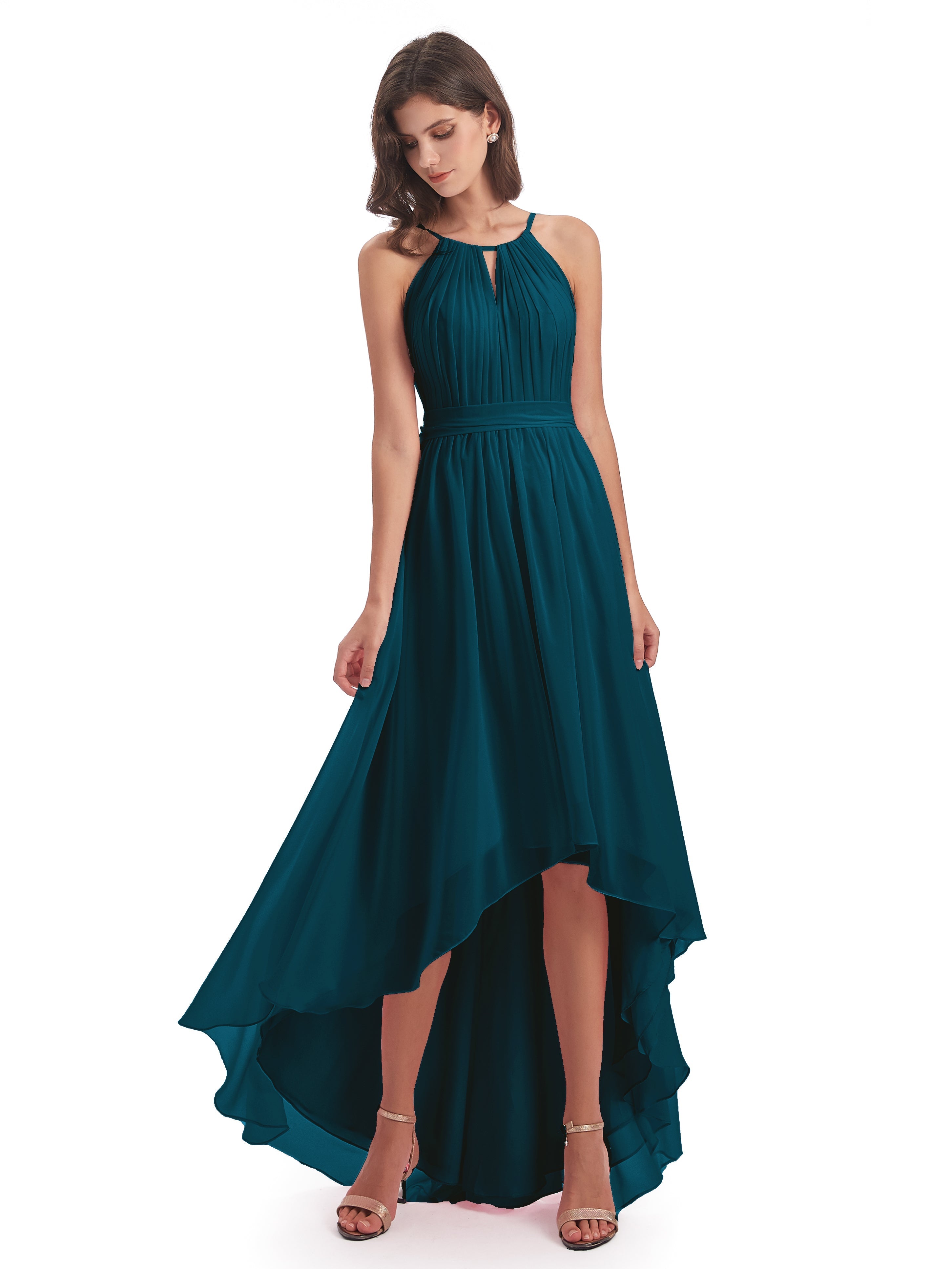 Robe De Demoiselle D'Honneur Bleu Encre Asymétrique Haute Basse Licou Mousseline Robes Demoiselle D'Honneur