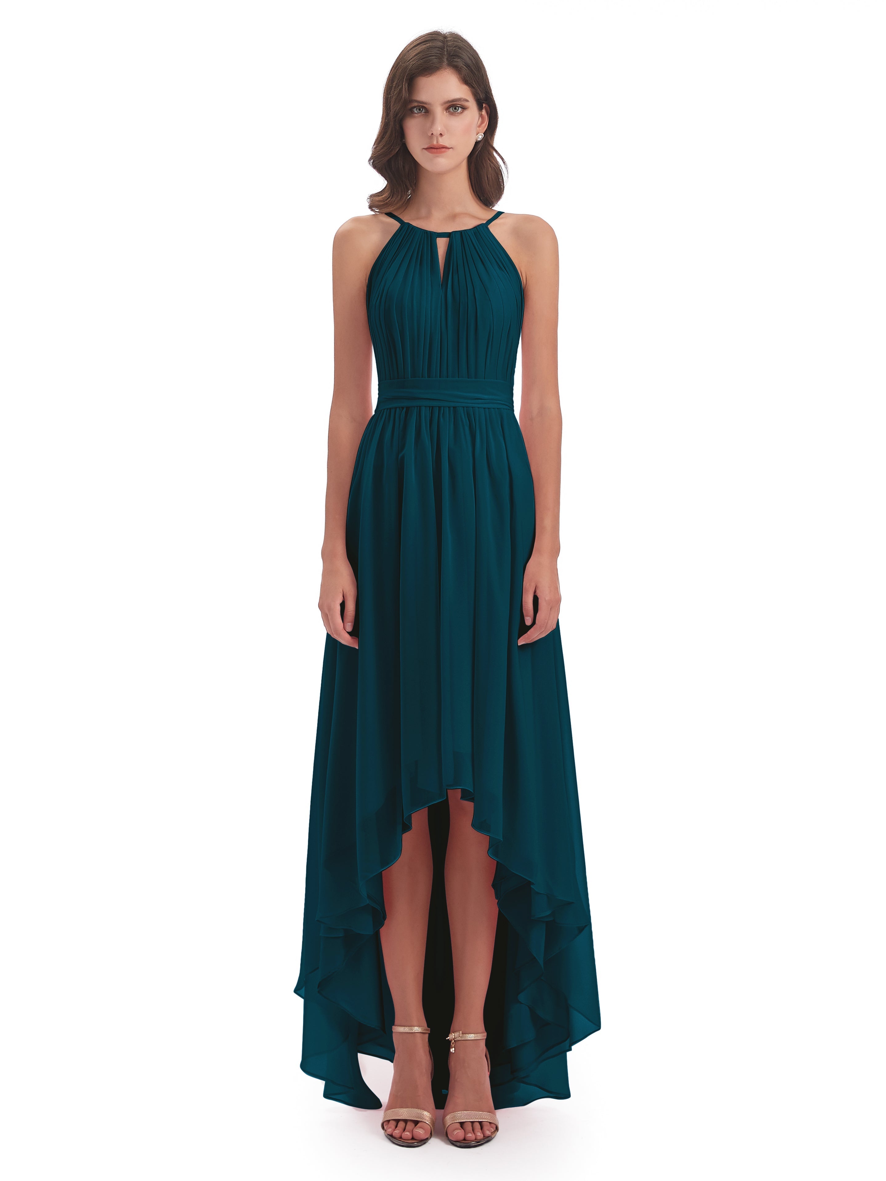 Robe De Demoiselle D'Honneur Bleu Encre Asymétrique Haute Basse Licou Mousseline Robes Demoiselle D'Honneur