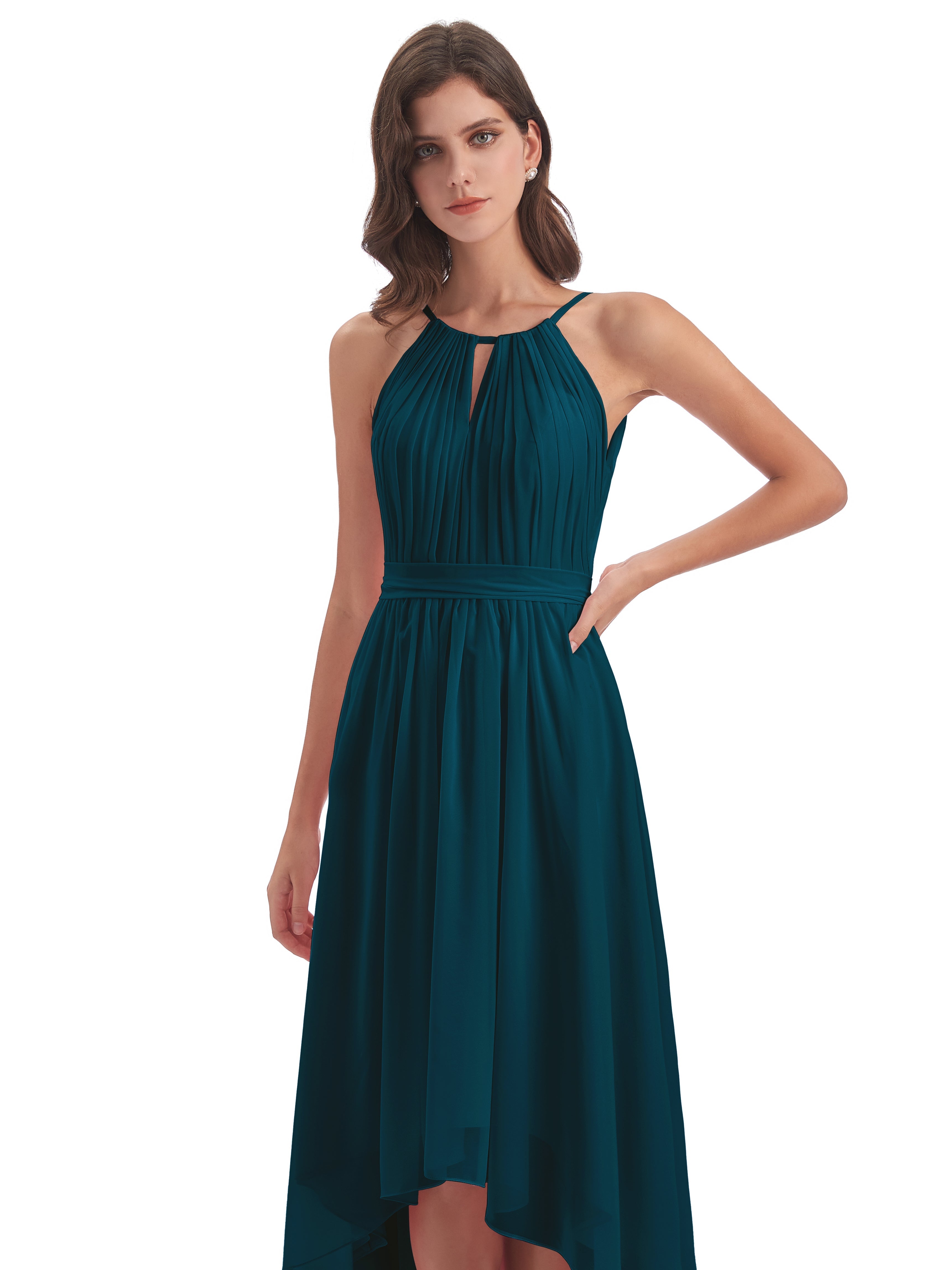 Robe De Demoiselle D'Honneur Bleu Encre Asymétrique Haute Basse Licou Mousseline Robes Demoiselle D'Honneur