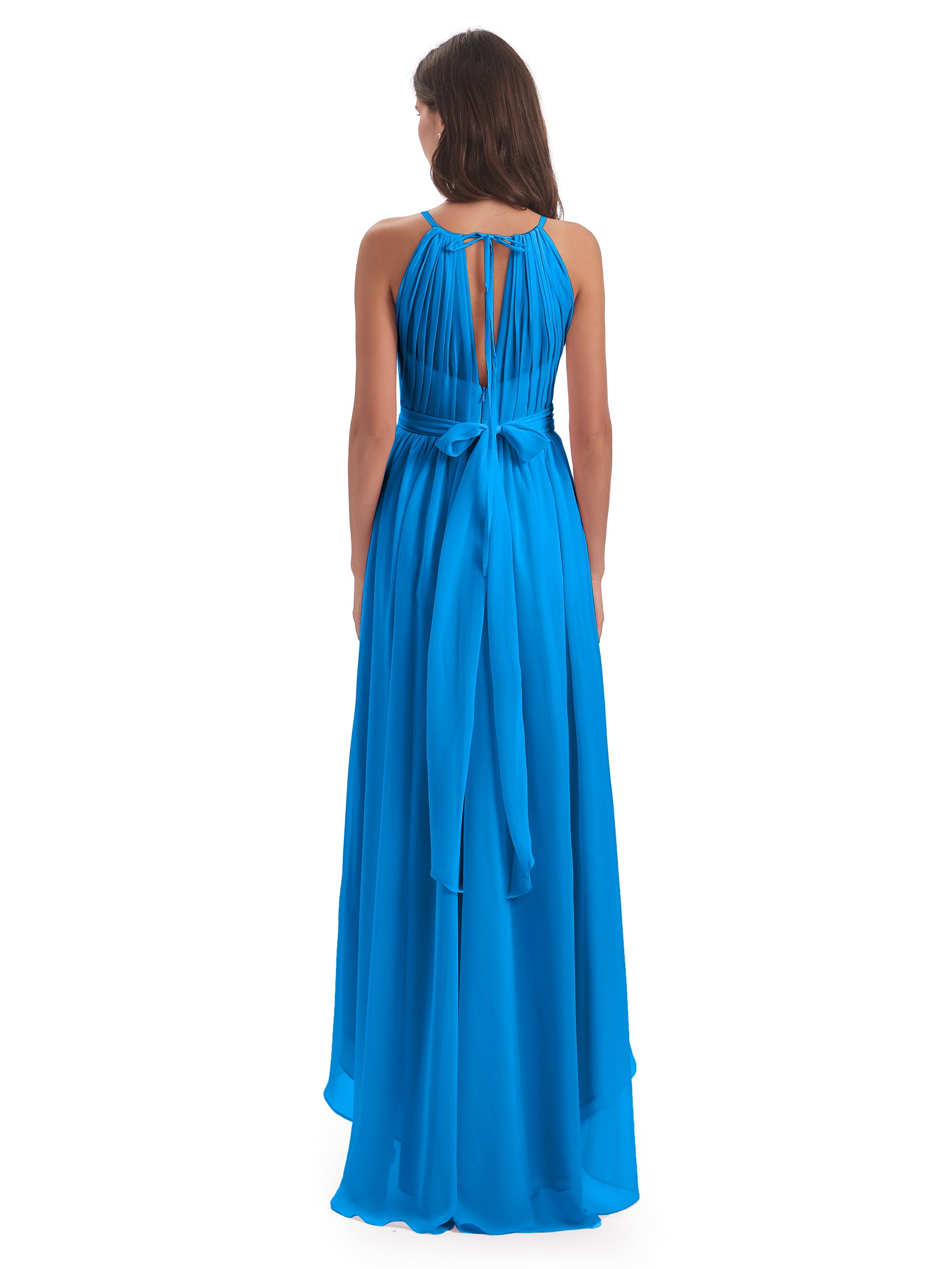 Robes De Demoiselle D'Honneur Bleu Océan Asymétrique Haute Basse Licou Mousseline Robes Demoiselle D'Honneur