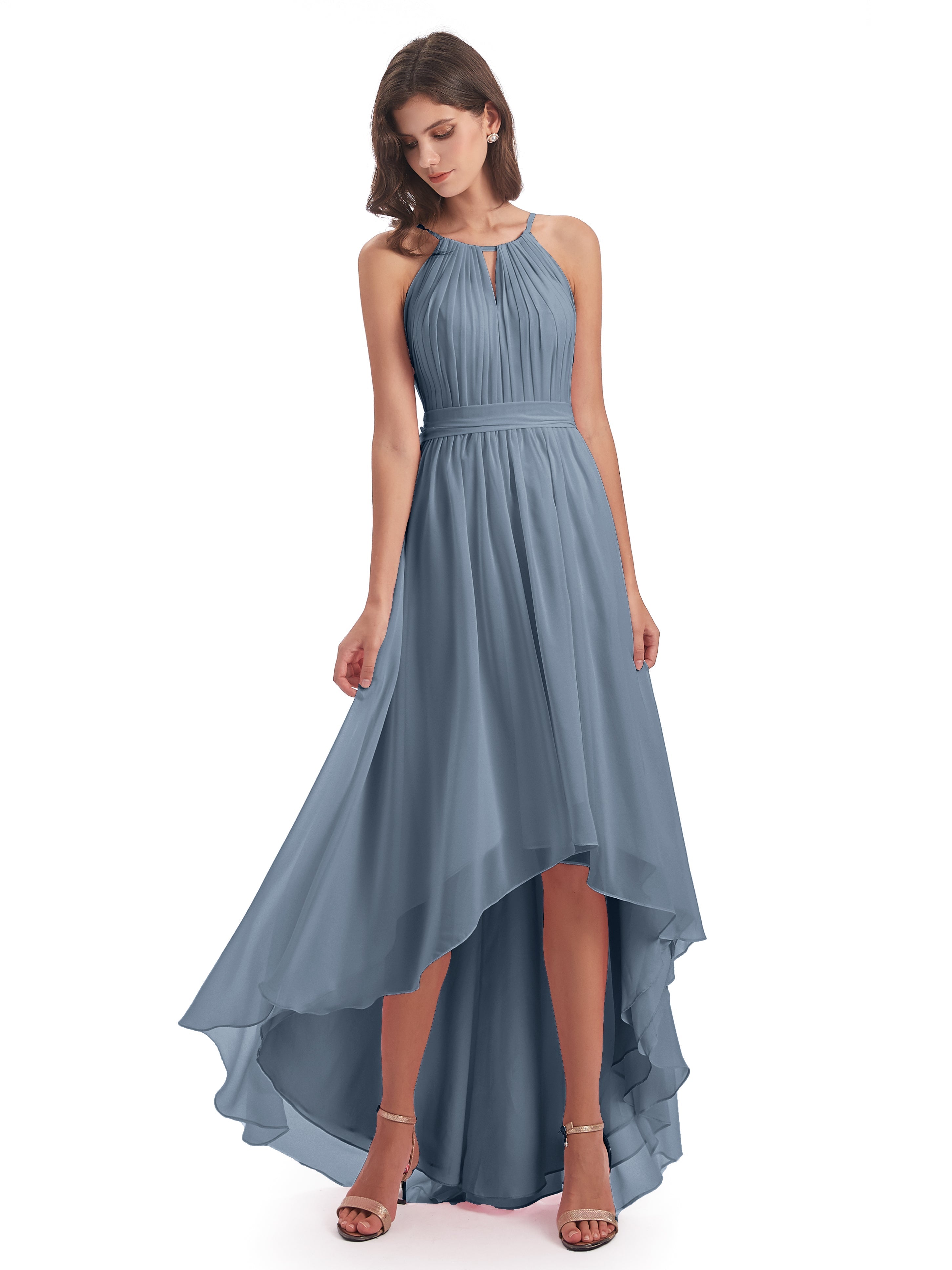Robes De Demoiselle D'Honneur Bleu Poudre Asymétrique Haute Basse Licou Mousseline Robes Demoiselle D'Honneur